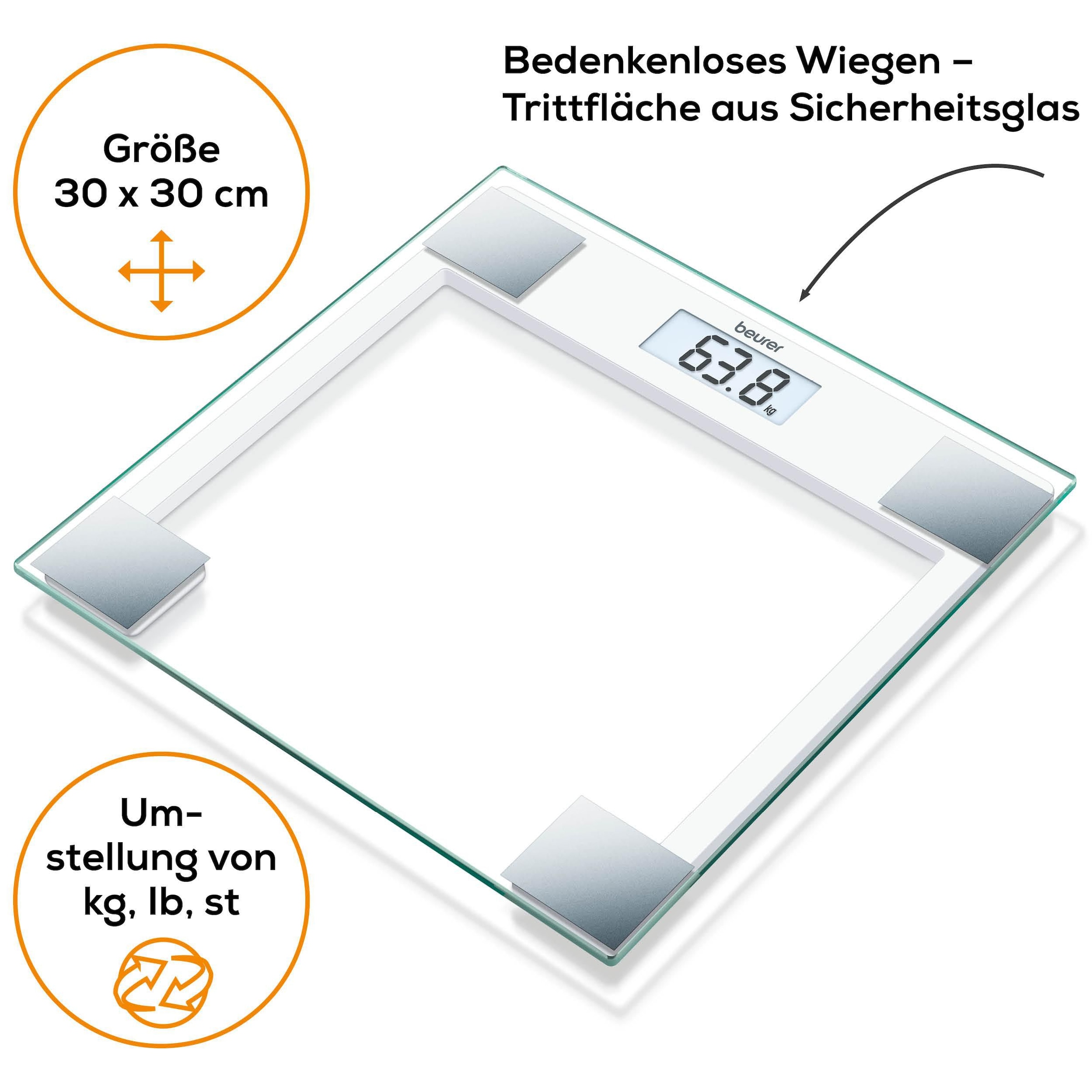 BEURER Personenwaage »GS 14 mit Wiegefläche aus extra klarem Sicherheitsglas« Flache Bauhöhe, Tragkraft bis 150 kg, Überlastungsanzeige