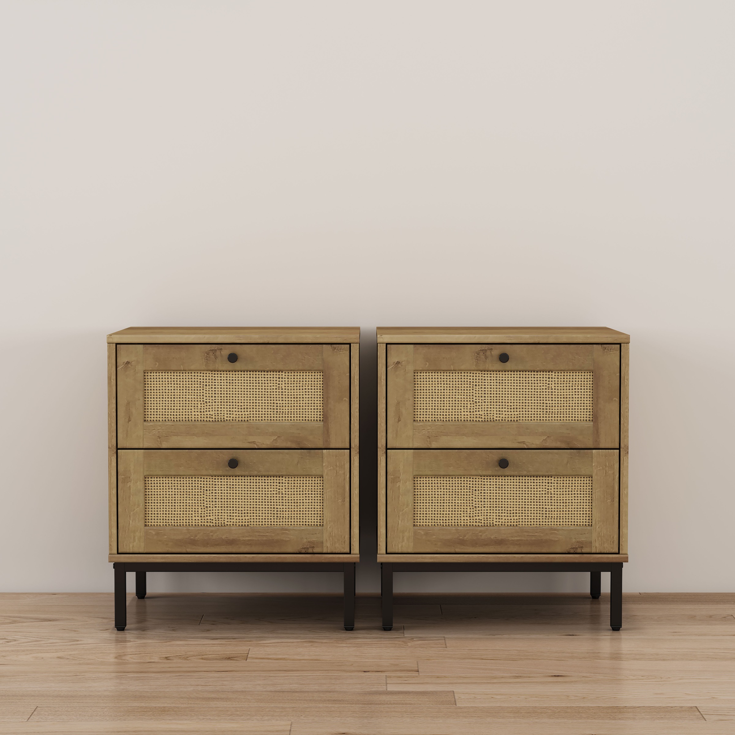Image of GOODproduct Nachtkommode "Motala Schlafzimmerschrank Garderobe Boho Eichen-Design" Set, 2 Schränke im Set - Eichen-Design mit schwarzen Griffen, Nachttisch Set mit je 2 Schubladen mit wiener Geflecht optik