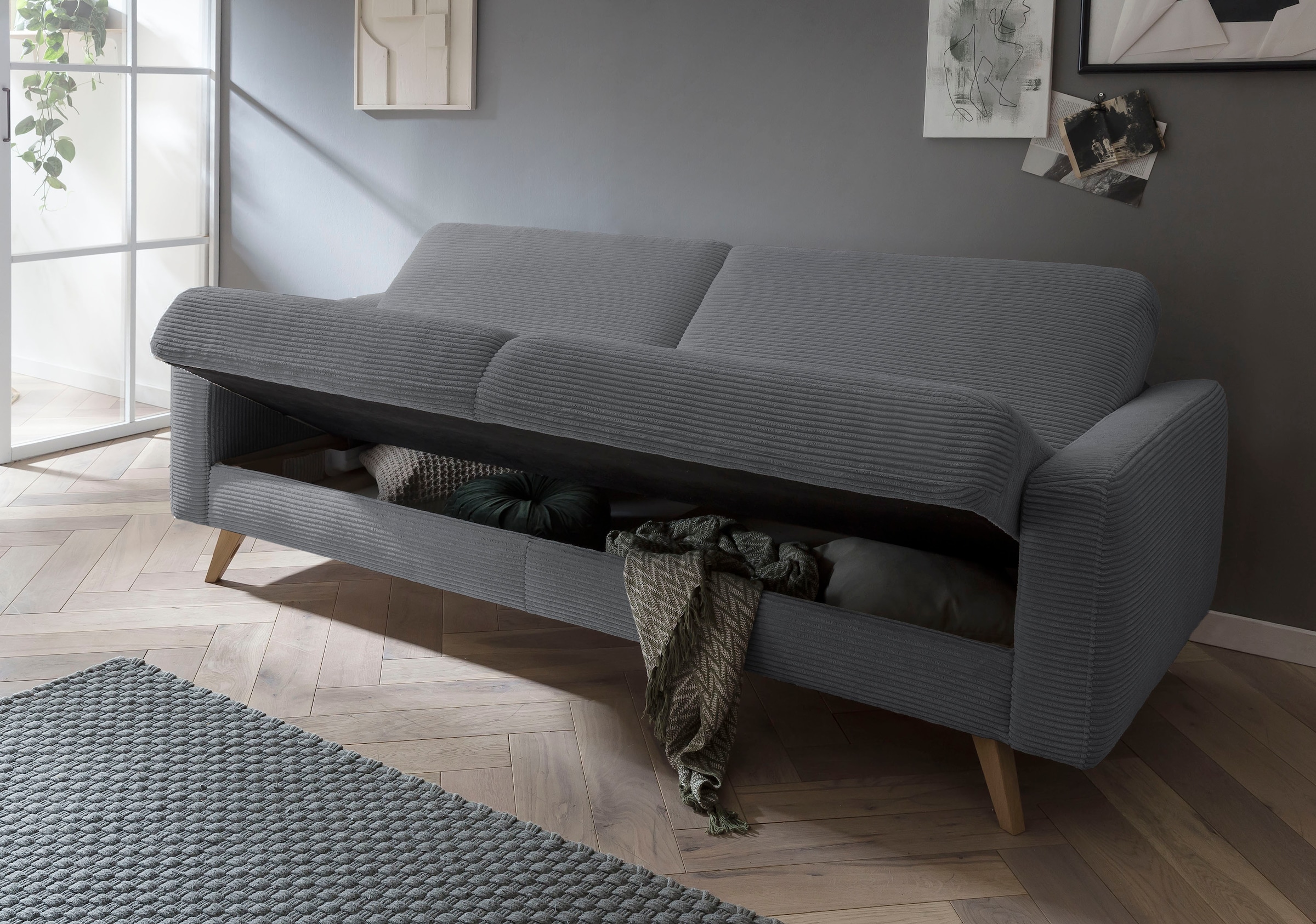 exxpo - sofa fashion 3-Sitzer »Samso, elegant und bequem, aktueller Cord Bezug, Kippcouch«, hochwertige Verarbeitung, Schlafsofa inkl. Bettfunktion und Bettkasten