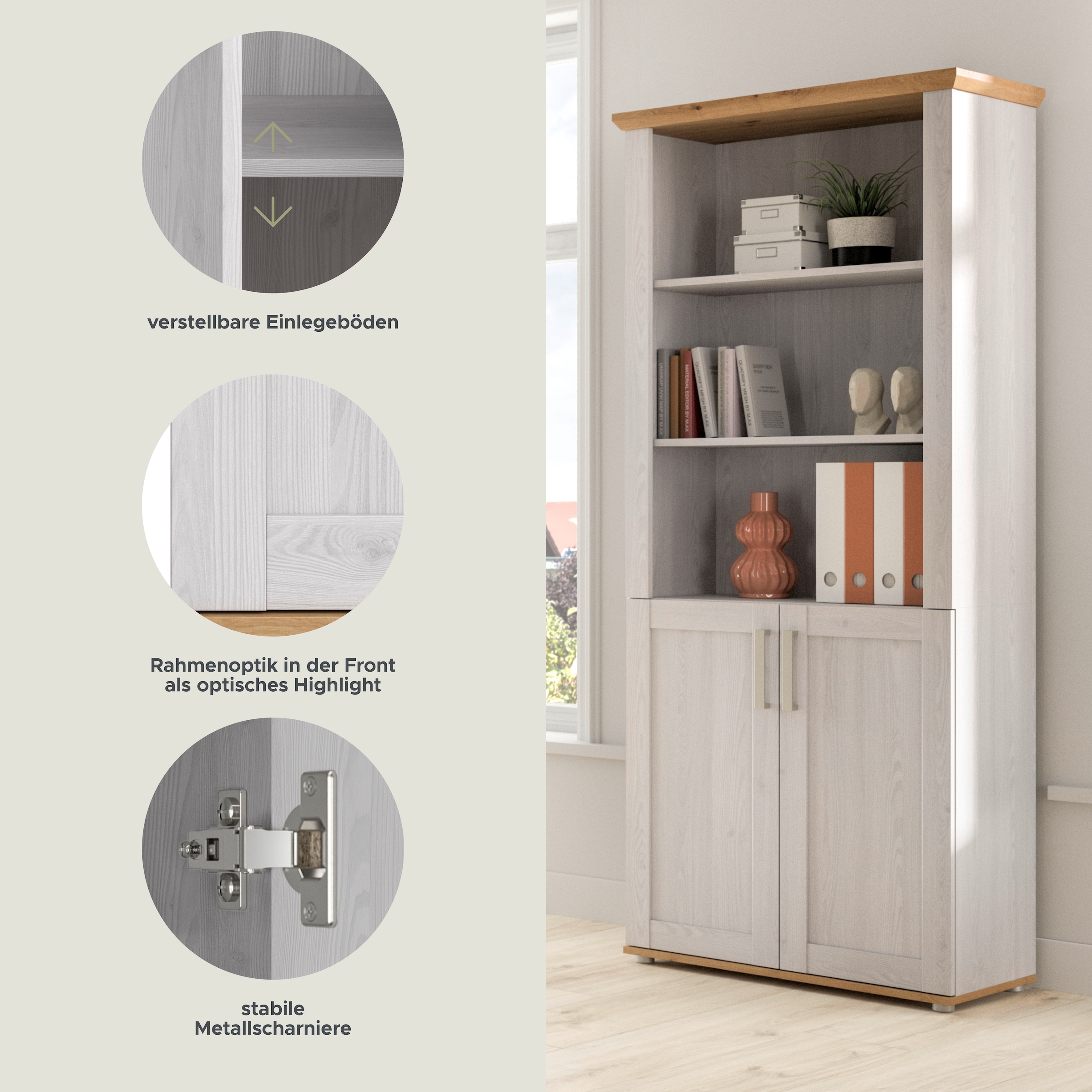 Home affaire Aktenschrank »COSENZA, Höhe, 193 cm, 2 Türen, 5 Fächer, 4 Fachböden« in Landhausoptik, mit weiteren Artikel der Serie kombinierbar,  Büroschrank, Regal, Mehrzweckschrank, Universalschrank, Regal