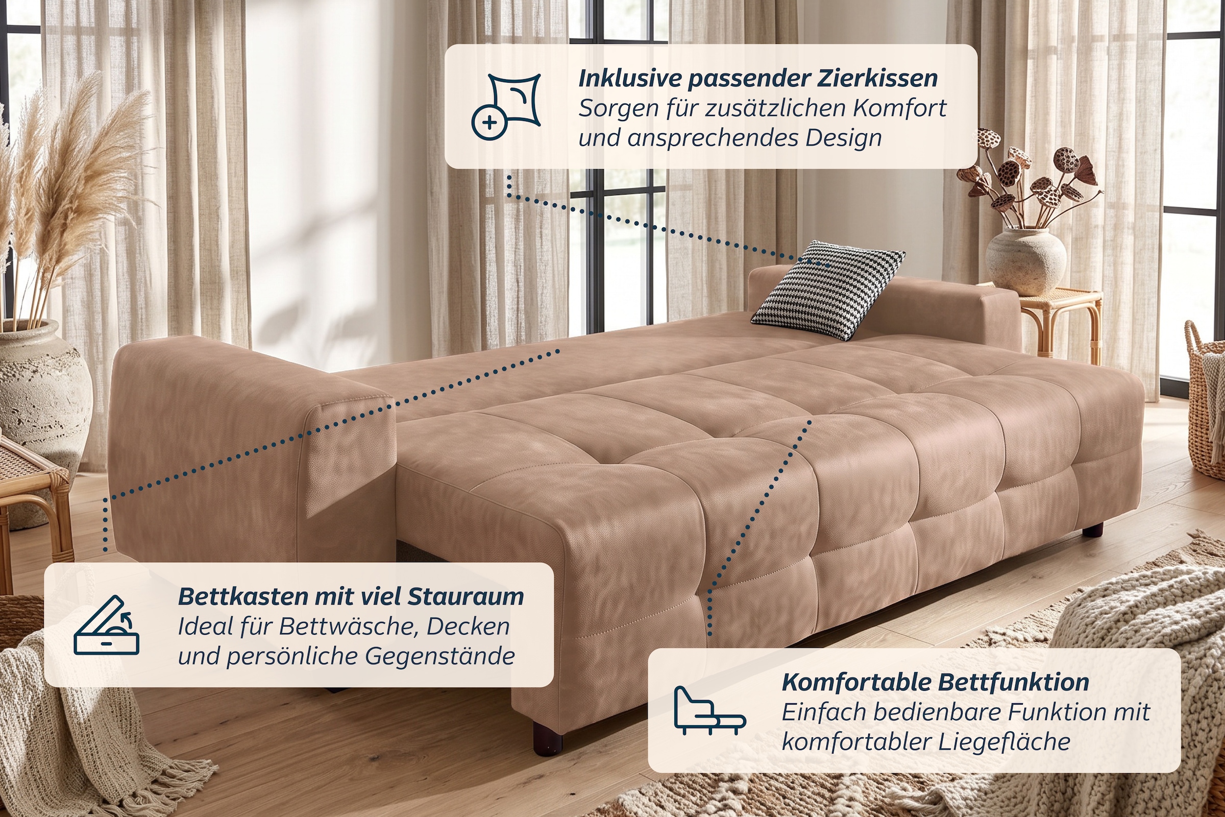 GOODproduct Schlafsofa »Bella B: 241 cm, Liegefl. 142x194 cm mit Bettkasten & Zierkissen« Schlafcouch mit Gästebett, 2 Zierkissen inklusive, frei stellbar