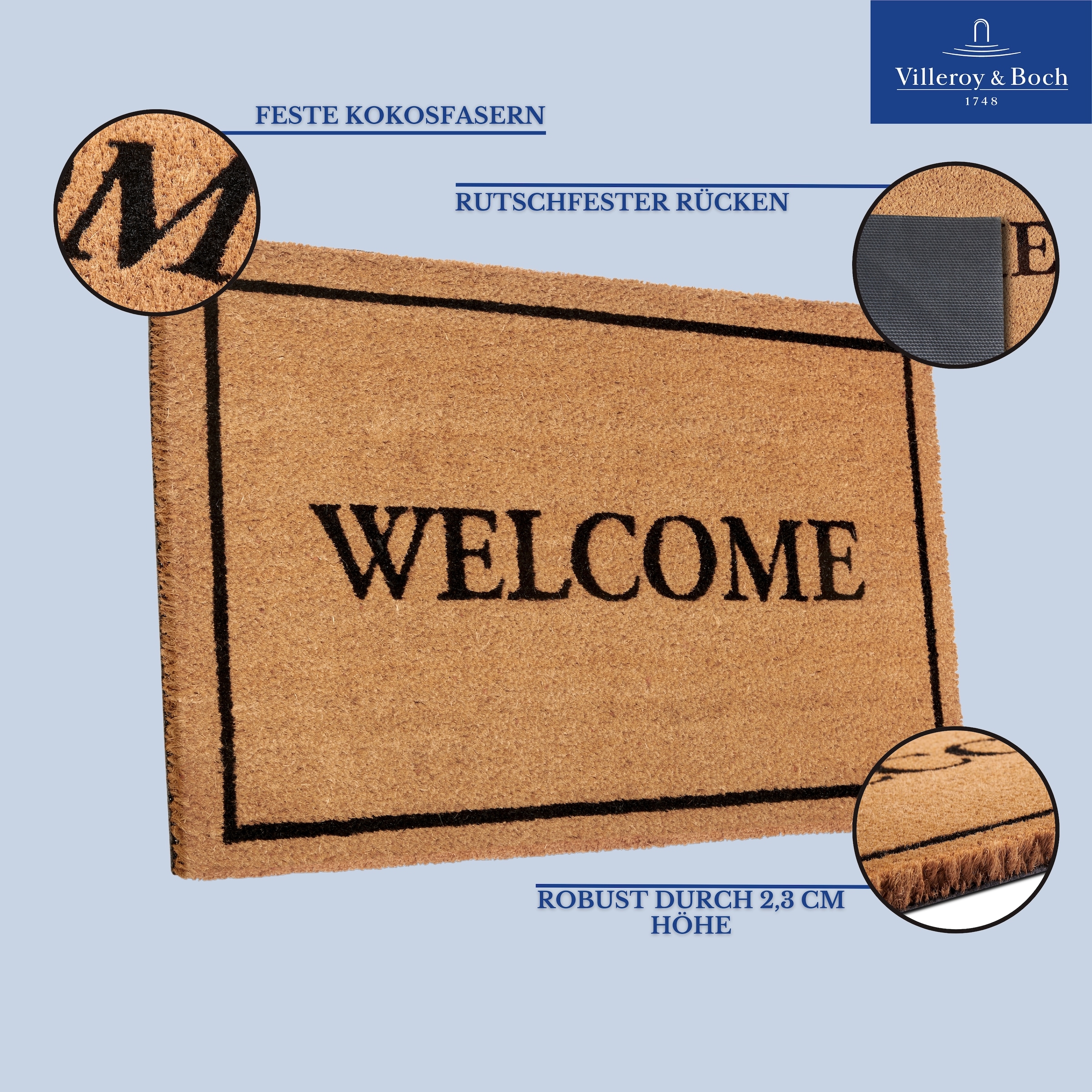 Villeroy & Boch Fussmatte »Caroline Welcome, Türmatte«, rechteckig, 23 mm Höhe, Robust, Innen, Aussen, Schmutzabtreter, Wetterfest, Natur, Kokos