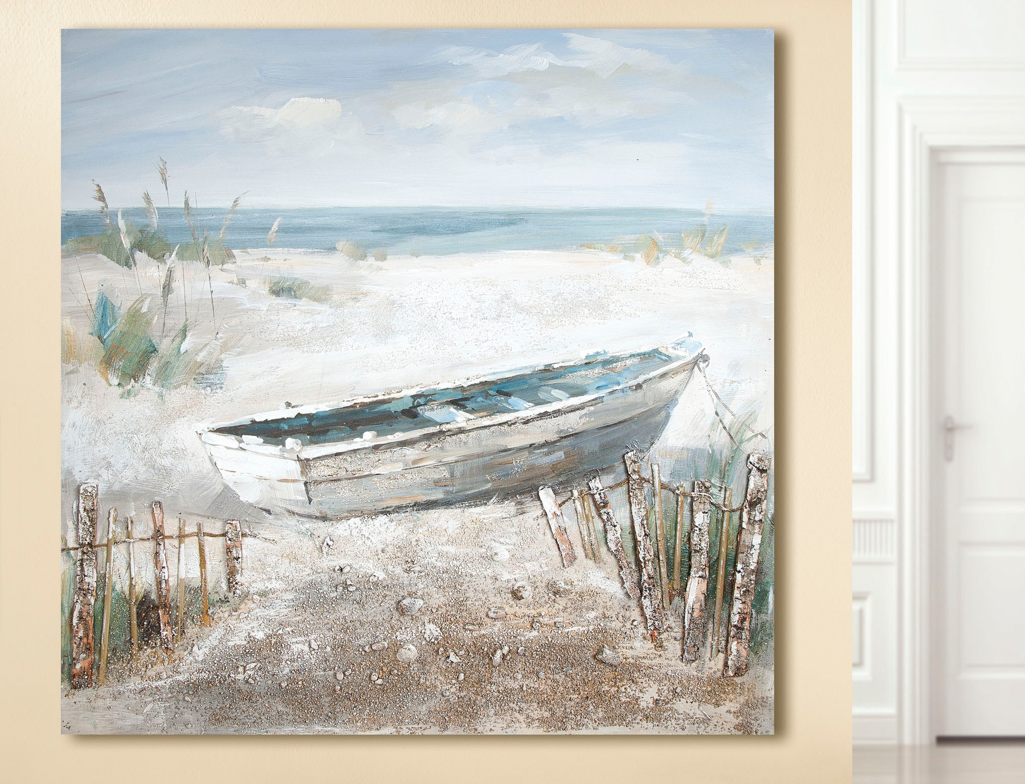 GILDE Leinwandbild »Gemälde Boot am Strand«, (1 St.), handgemalt