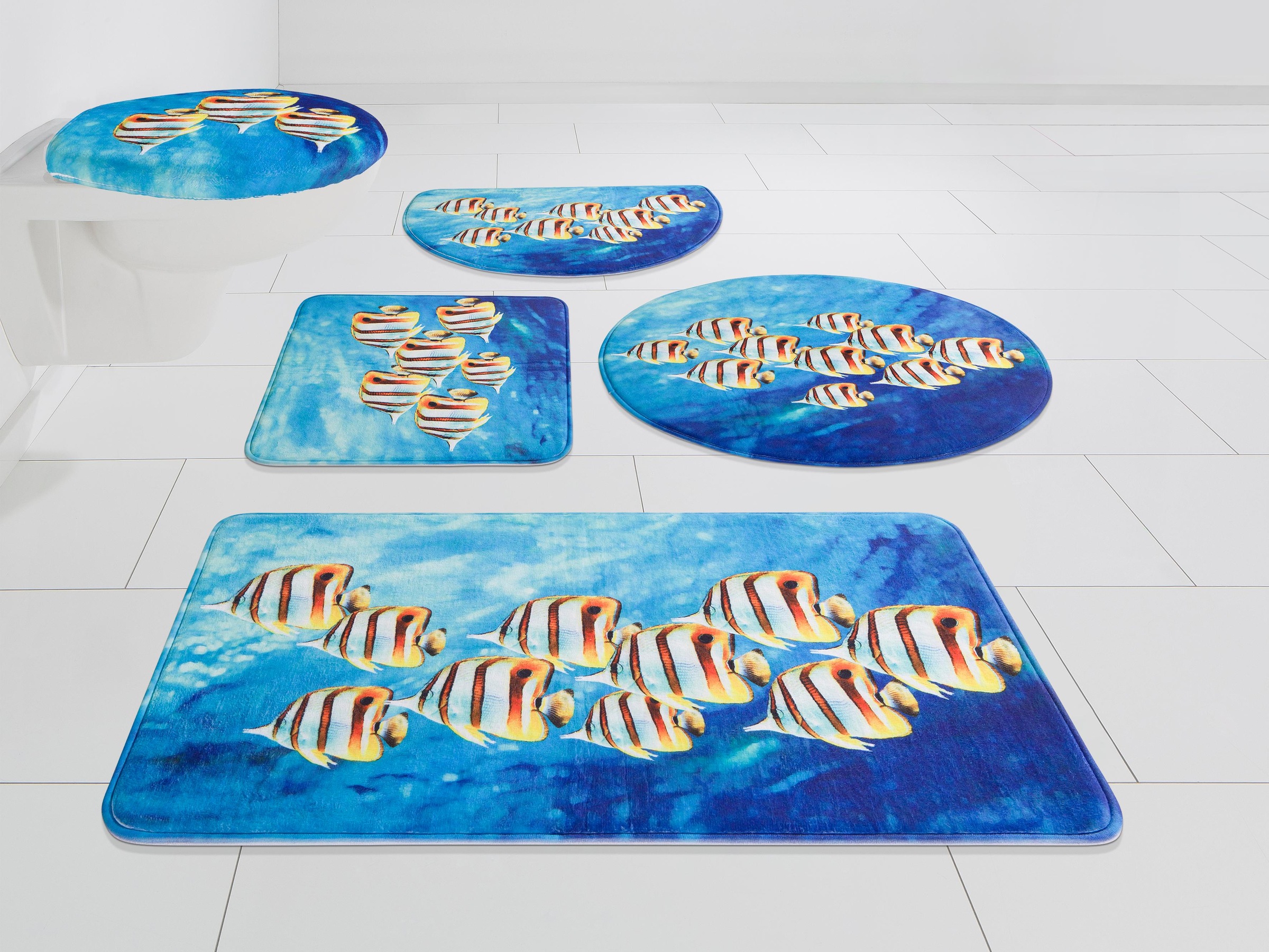 my home Badematte »Fabius«, Memory Schaum-rutschhemmend beschichtet, fussbodenheizungsgeeignet-schnell trocknend-strapazierfähig, Fotodruck mit Fischen, Badematten als 3 teiliges Set erhältlich