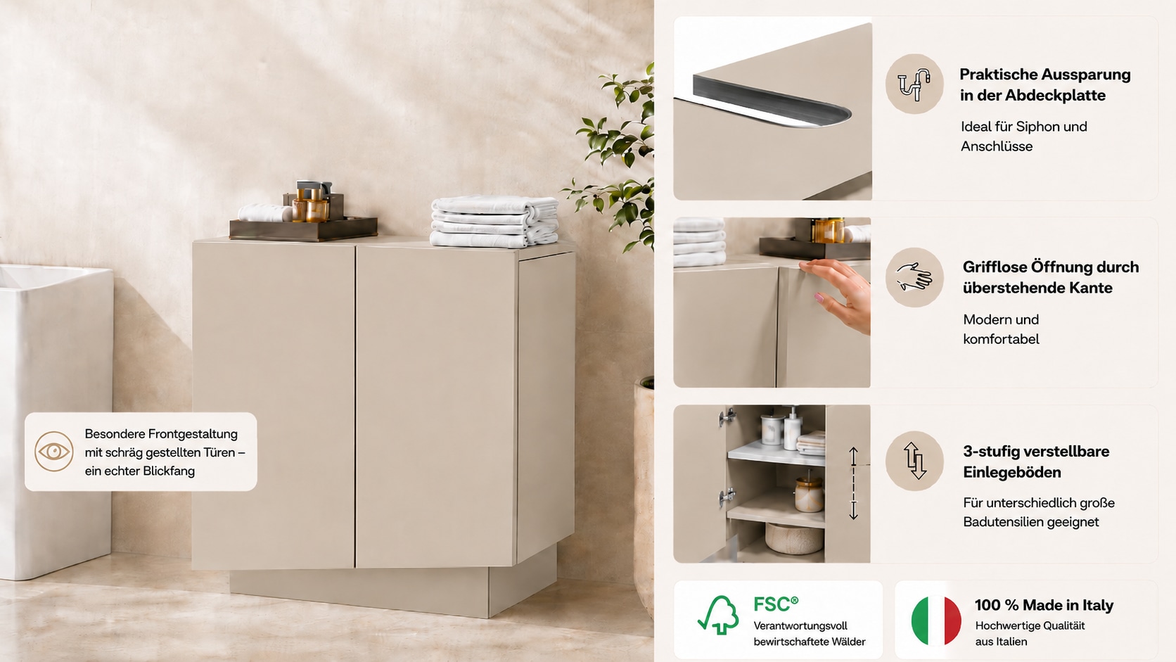 welltime Armoire sous lavabo »Vela,Breite 60cm, 2 Türen, 2 Fächer, mit Siphonausschnitt« 1 cuis tlg. meuble sous-lavabo, plan vasque, design avec portes inclinées