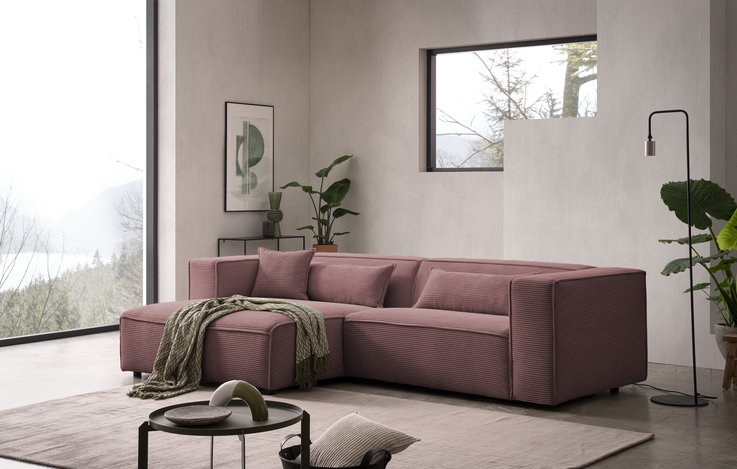 LeGer Home by Lena Gercke Canapé d'angle »PIARA Cord mit Kedernaht L-Form« ottomane au choix droite/gauche, pieds noirs, confort d'assise agréable