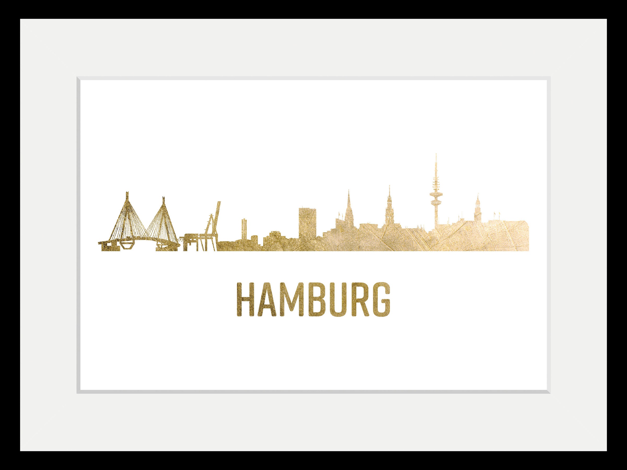 queence Bild »Hamburg Skyline GOLD«, Städte-Schriftzug-Deutschland-Stadt-Hamburg, (1 St.), HD Premium Poster-Druck inkl. Holzrahmen