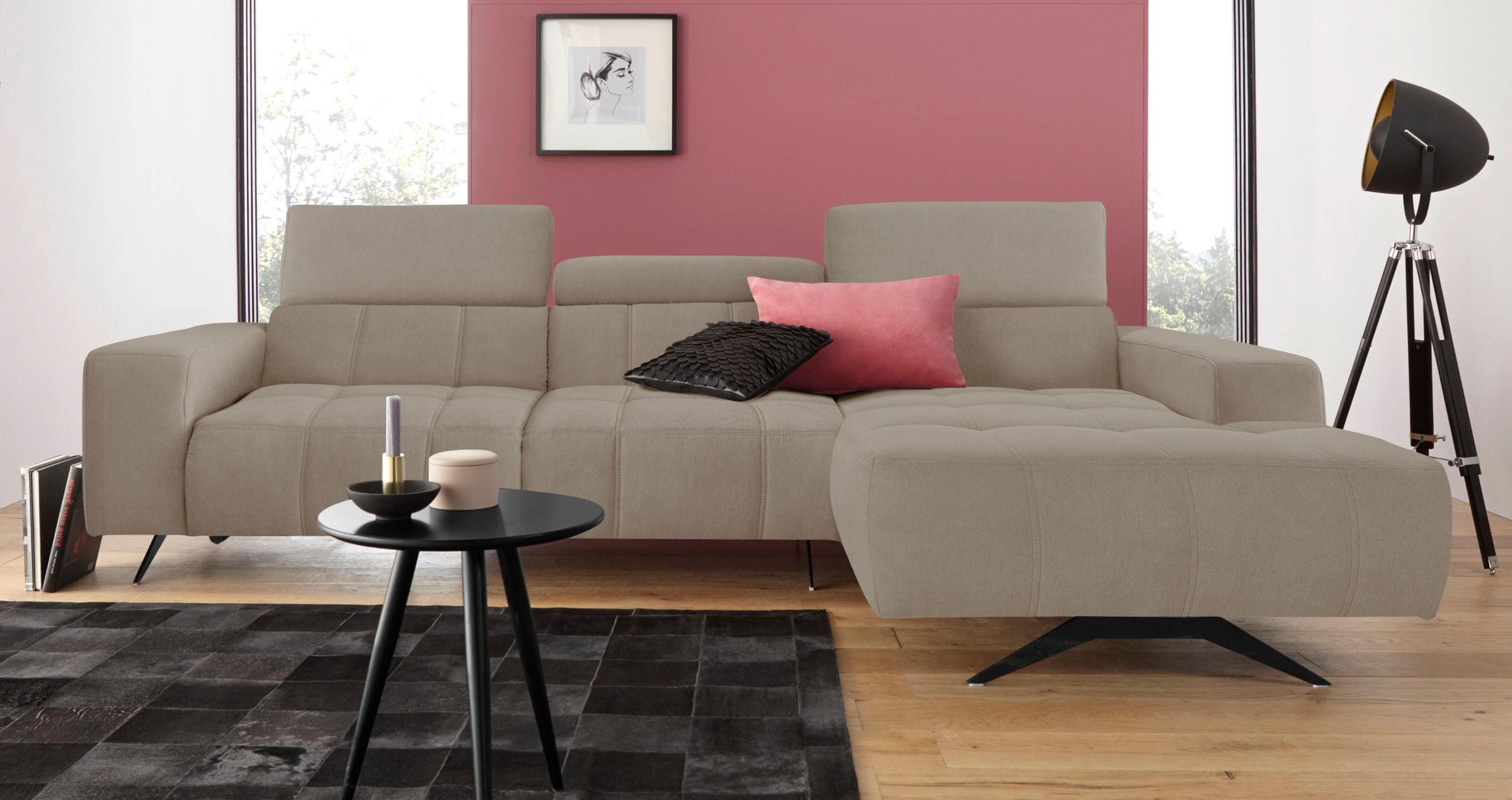DOMO collection Ecksofa »Trento L-Form, mit Kufenfuss oder Einzelfuss«, wahlweise mit Kopfteilverstellung, Recamiere links/rechts bestellbar