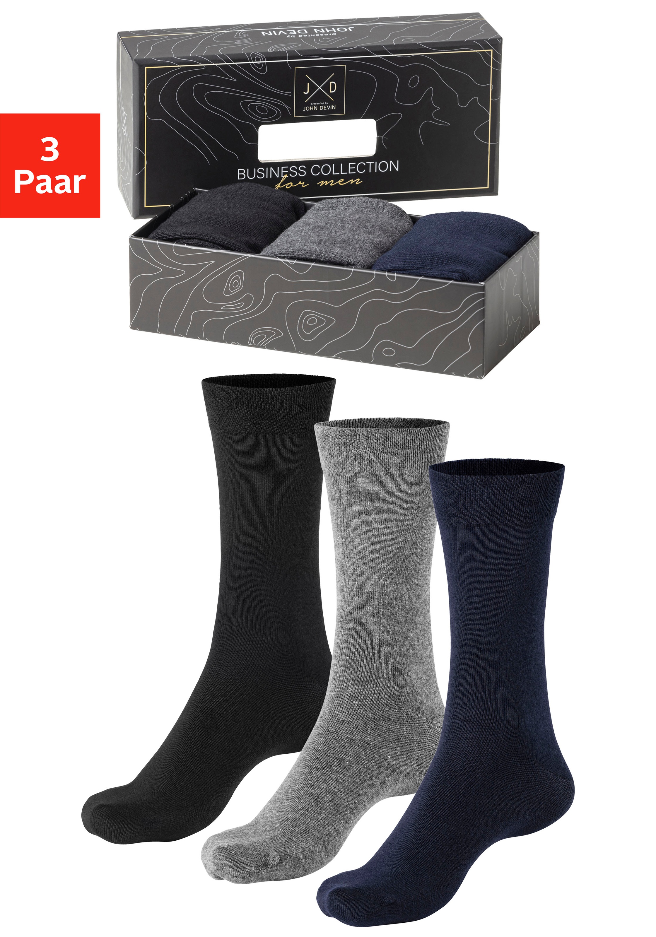 Image of John Devin Businesssocken Packung, 3 Stk. tlg. mit längerer Schaftlänge, verpackt in einer Box