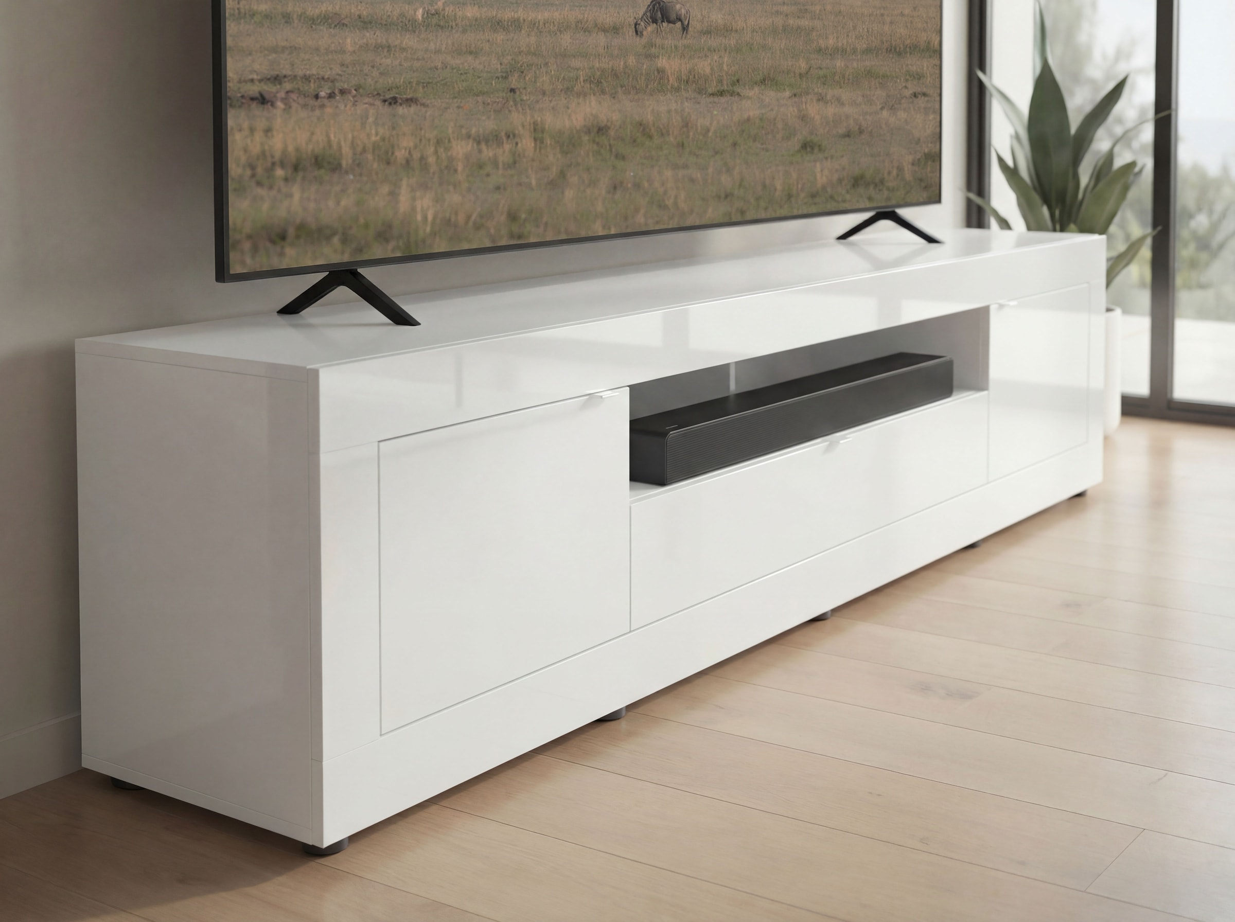 Home affaire Table basse »Basic, 245 cm breit, 47 cm tief, 2 Türen, 1 Schubkasten, Medienboard« Modernes Lowboard für bis zu 98-Zoll-TV – perfekt für die WM