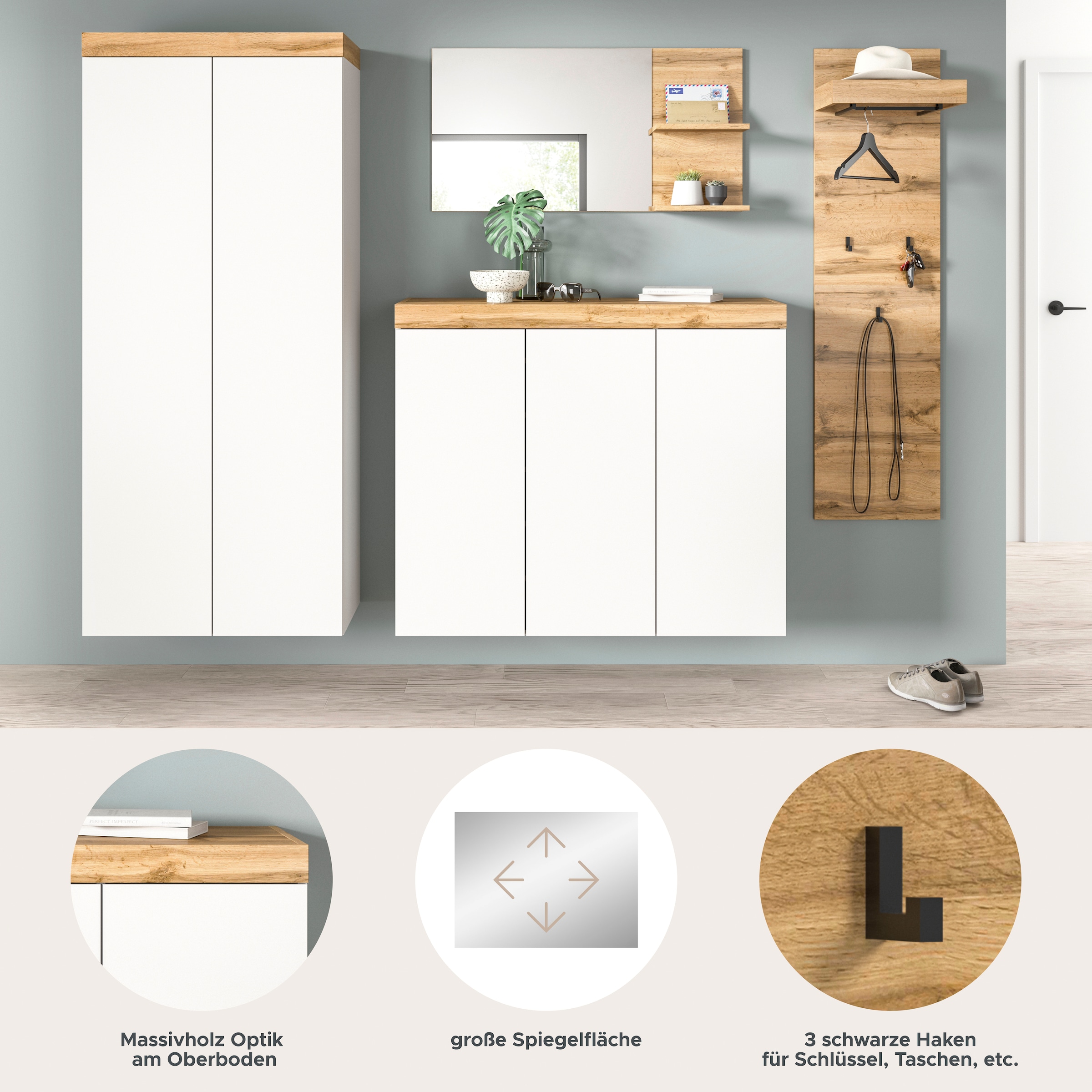 GOODproduct Garderoben-Set »MAMBO, 4-teilige Kombination, stehend & hängend montierbar« bestehend aus: Garderobenschrank, Kommode, Spiegel, Garderobenpaneel, 4 Stk. tlg.