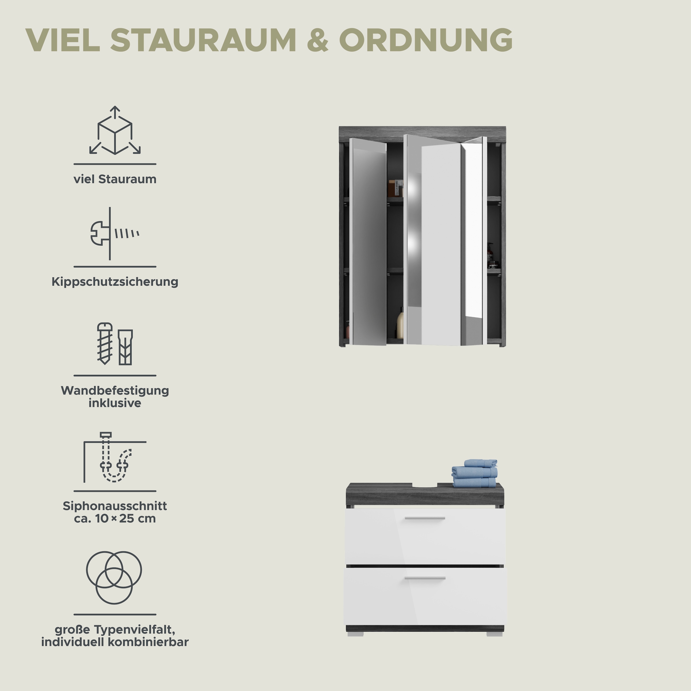 INOSIGN Badmöbel-Set »Siena, 2 tlg., bestehend aus: Waschbeckenunterschrank, Spiegelschrank«, (Set, 2 St.), in verschiedenen Farben erhältlich, Badmöbel, Kombination, Badezimmer