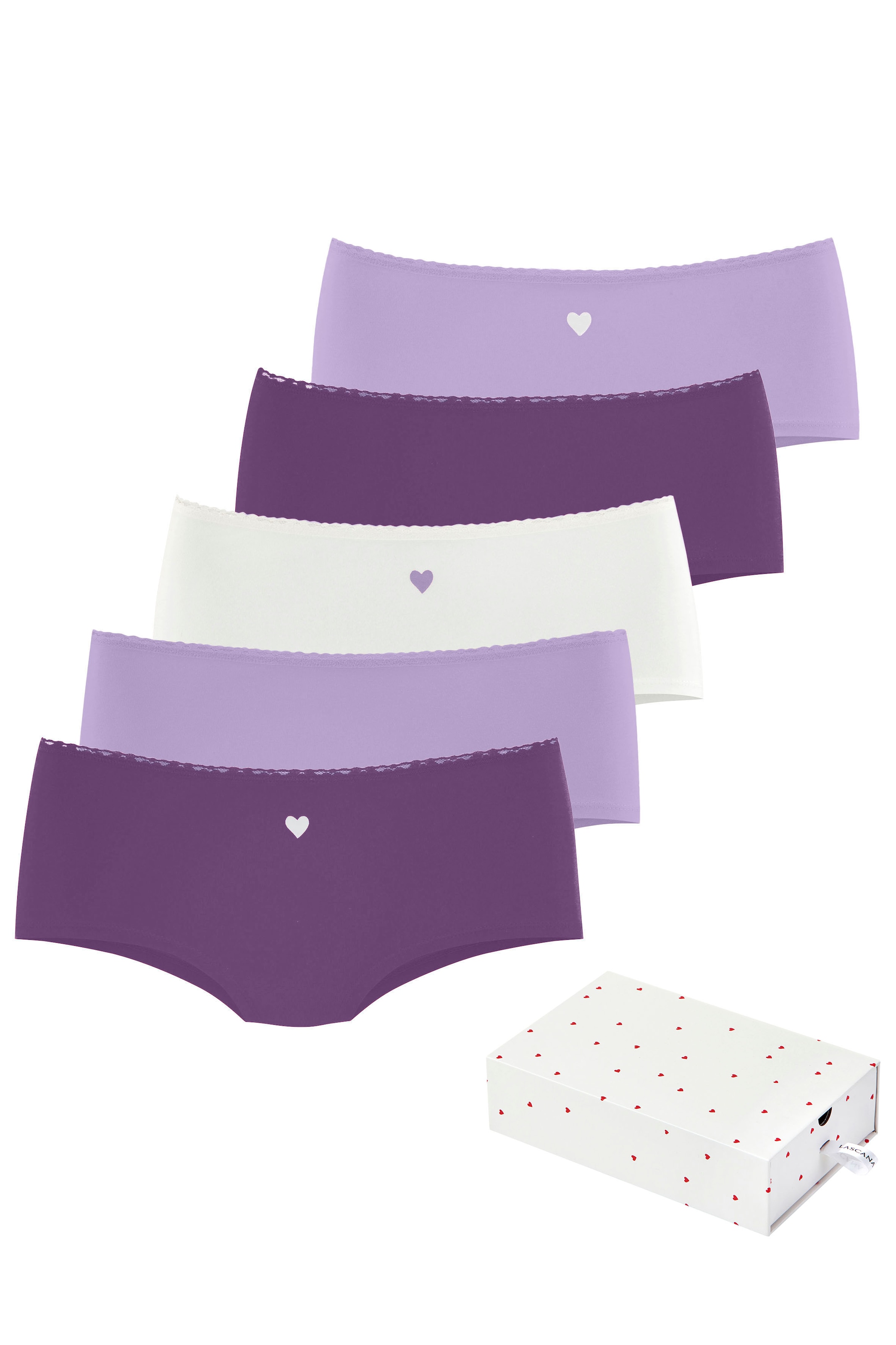 Image of LASCANA Panty "Geschenk Box" 5er-Pack, mit süssen Herzchen-Prints und aus elastischer Baumwoll-Qualität