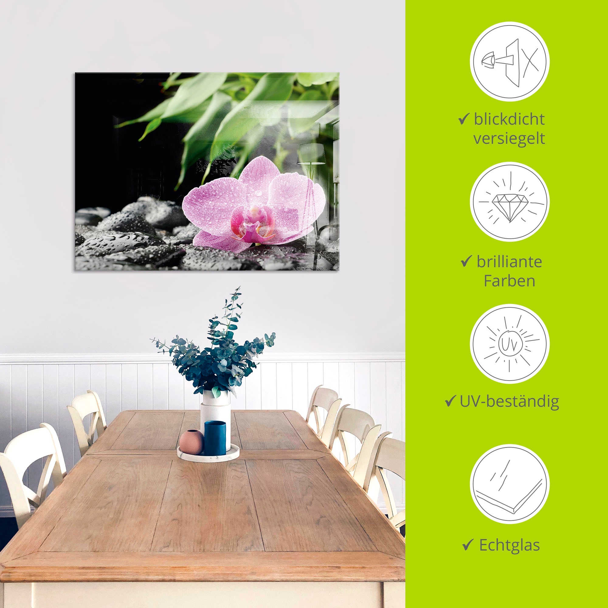 Artland Glasbild »Rosa Orchidee auf schwarzen Zen Steinen« Blumen 1 Stk. tlg. in verschiedenen Grössen