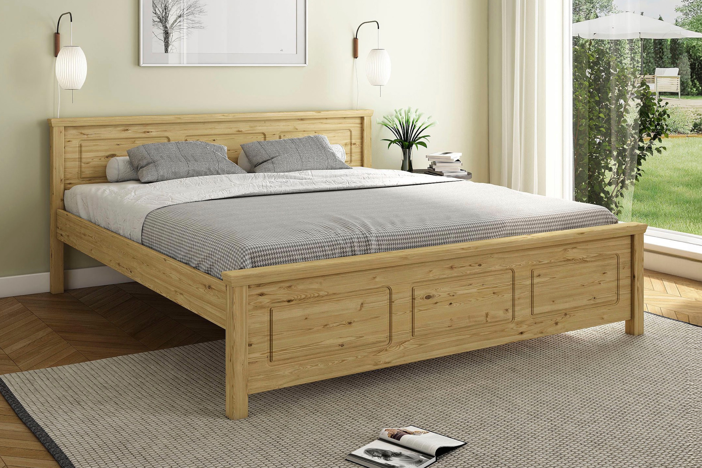 Image of GOODproduct Massivholzbett "ERIKK, Made in Europe, optional mit Schublade, Massivholz Kiefer" FSC zertifiziert, in mehreren Grössen, Landhausstil mit Kassettenoptik
