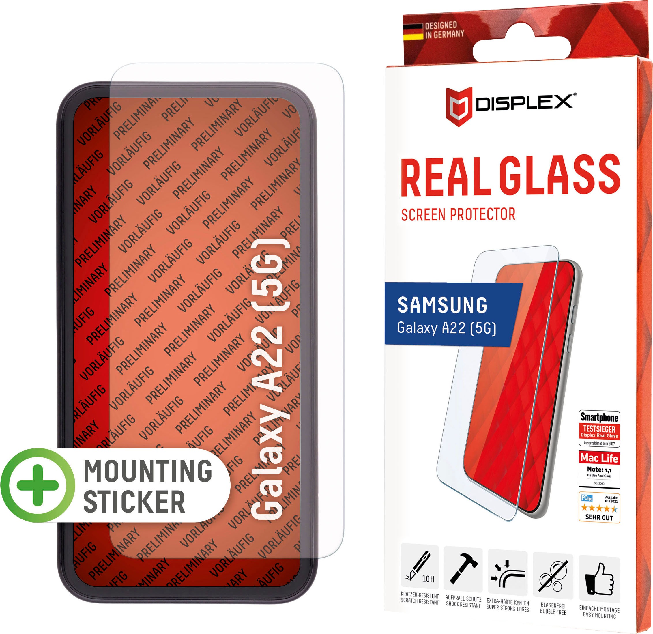 Image of Displex Displayschutzfolie »DISPLEX Real Glass Panzerglas für Samsung Galaxy A22 5G (6,5"), 10H Tempered Glass, mit Montagerahmen, 2D«, für Samsung Galaxy A22 (5G) bei Ackermann Versand Schweiz