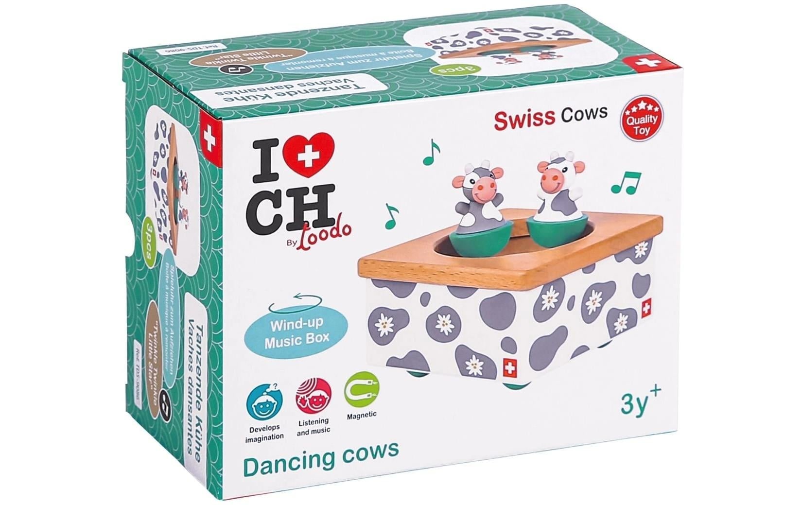 Spielba Jouets éducatifs »Musikdose Kuh« Aufziehbare Musikdose mit herziger Kuh-Figur aus Holz