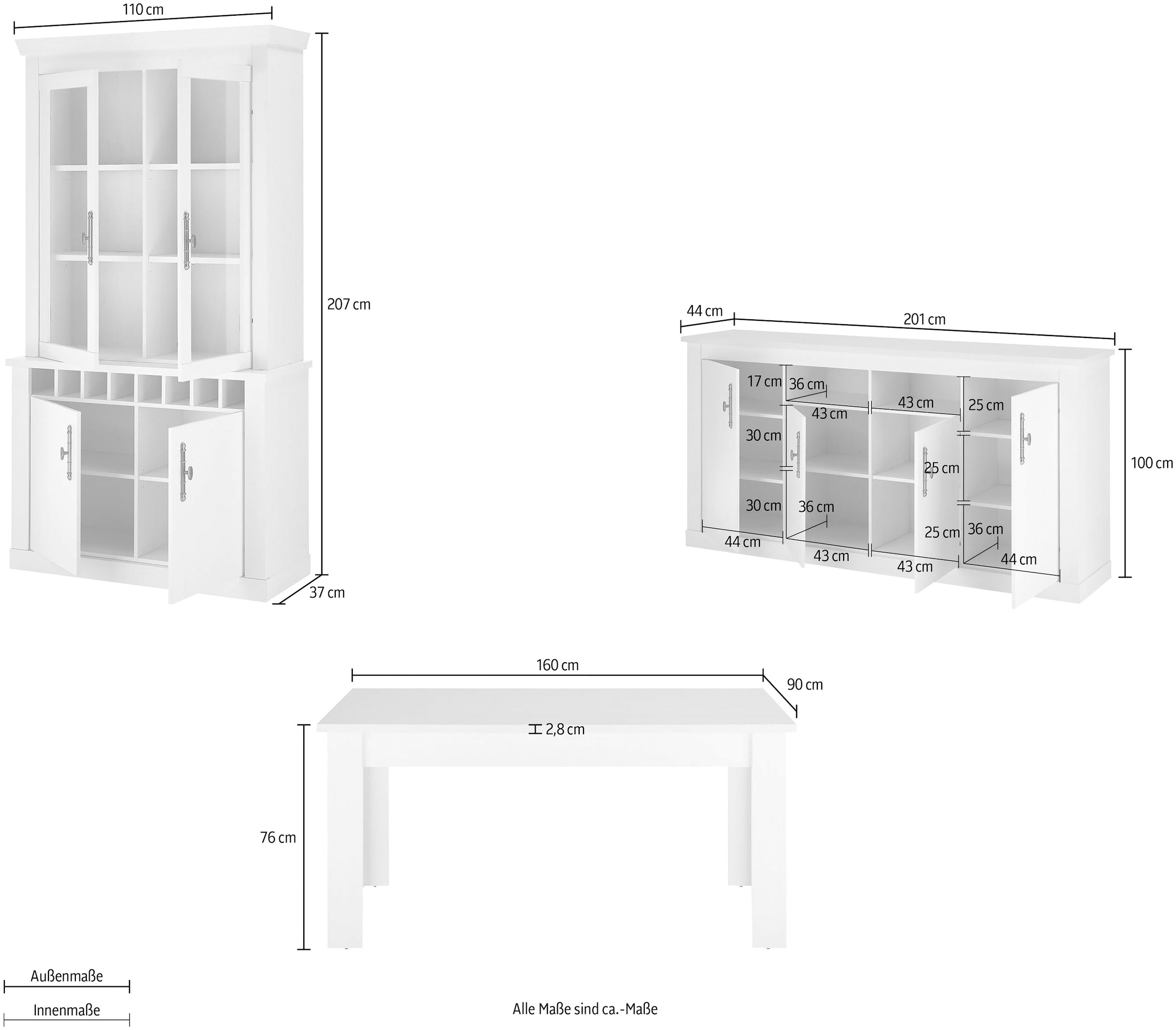 Home affaire Wohnwand »RAVENNA«, (3 St.), im romantischen Landhausstil, Griffe aus Metall, Softclose-Funktion
