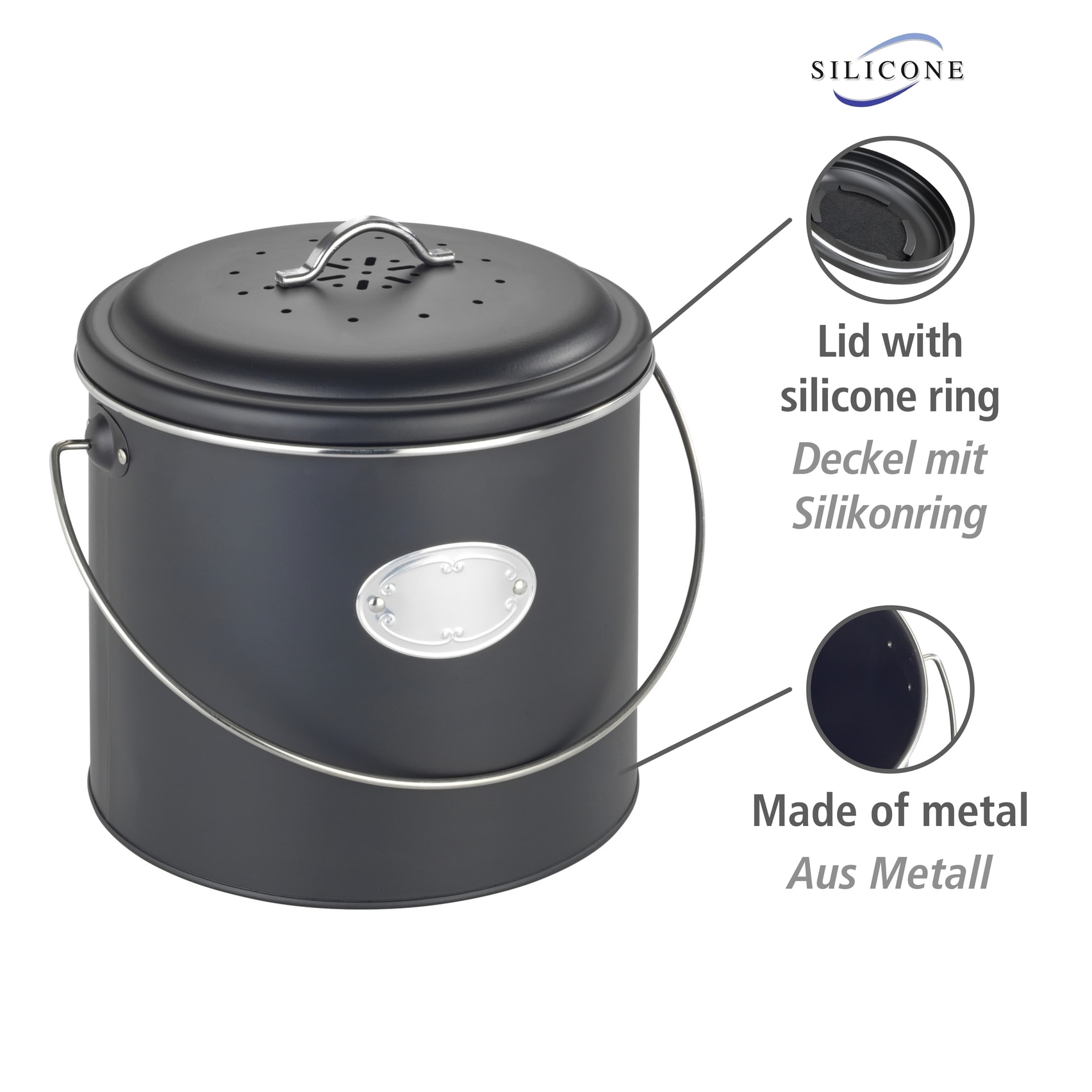 WENKO Biomülleimer »Modell Nero« Komposteimer aus Metall, inkl. 3 Aktivkohlefiltern zum Wechseln, 6 L