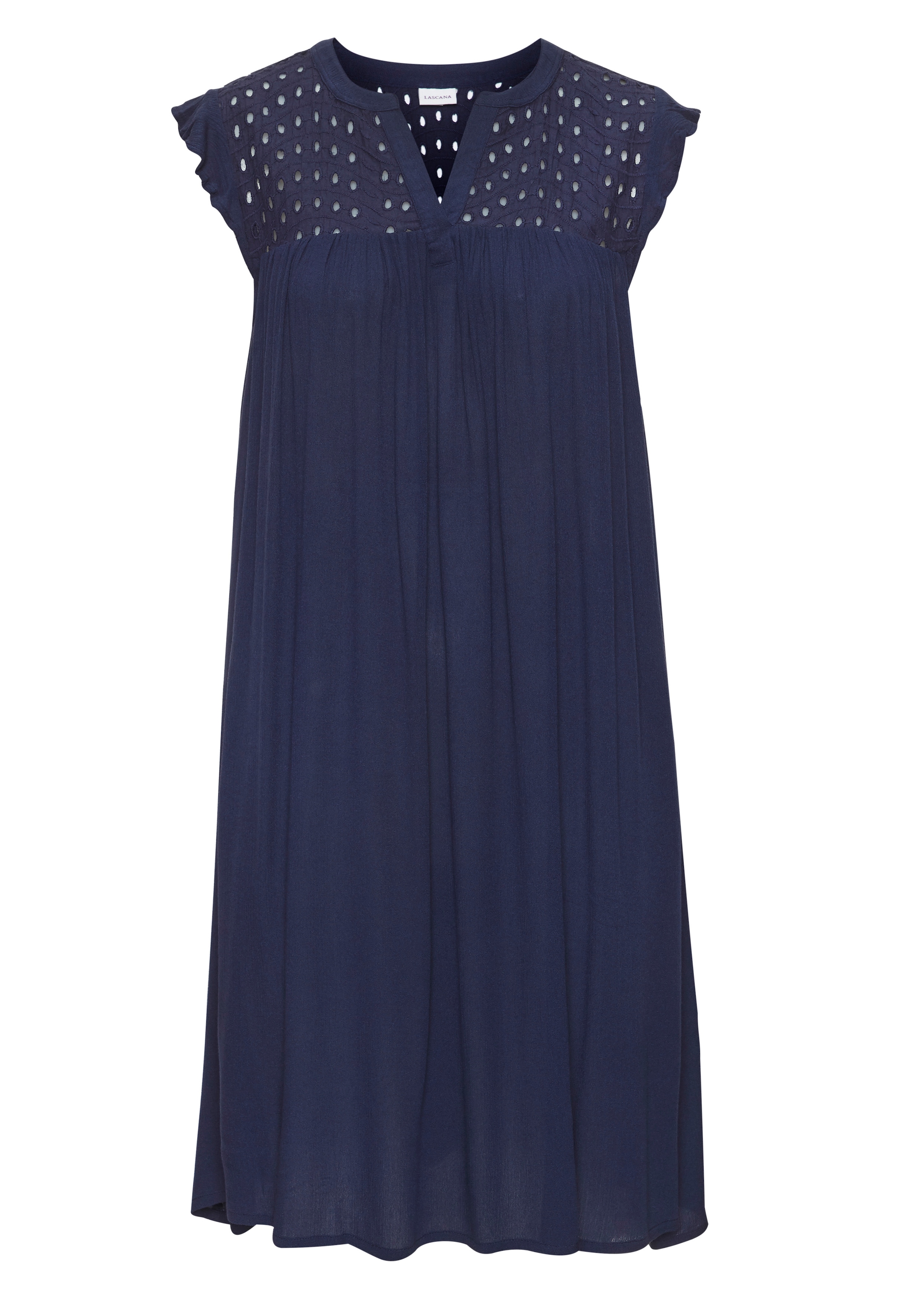 LASCANA Robe tunique »aus gekreppter Viskose mit Spitzeneinsatz« Robe de plage aérée, robe chemisier, paréo de plage, légèrement transparent