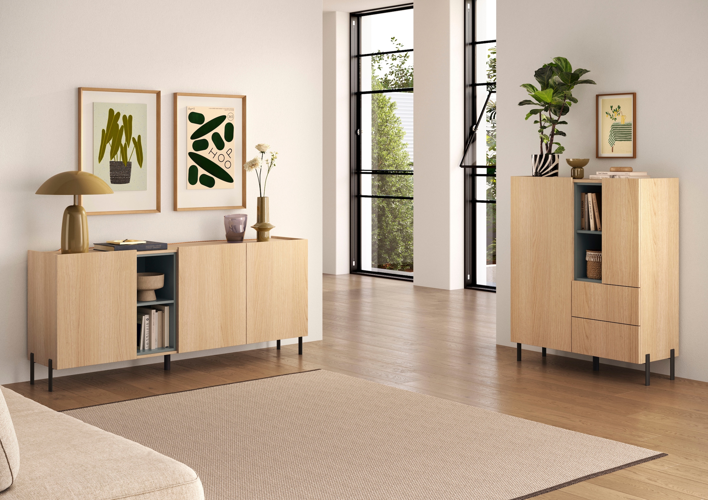 GOODproduct Buffet haut »Badia, B/H 101/124 cm, 2 Türen, 2 Schubkästen, Stauraumschrank« Top intégré, pieds métalliques droits, accents de couleur sauge