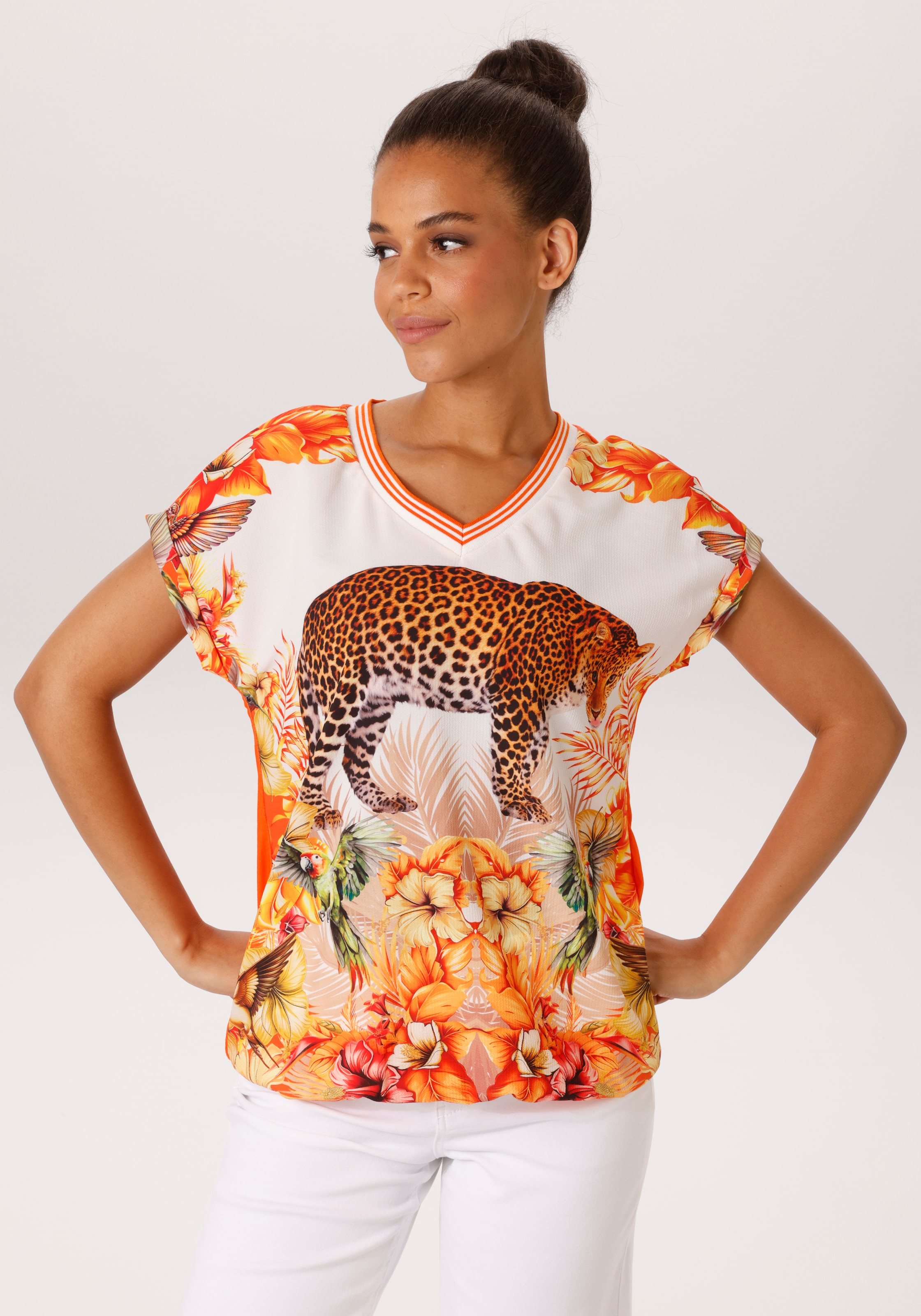 Image of Aniston CASUAL Shirtbluse mit Leopard, tropischen Vögeln, Blüten und Blättern