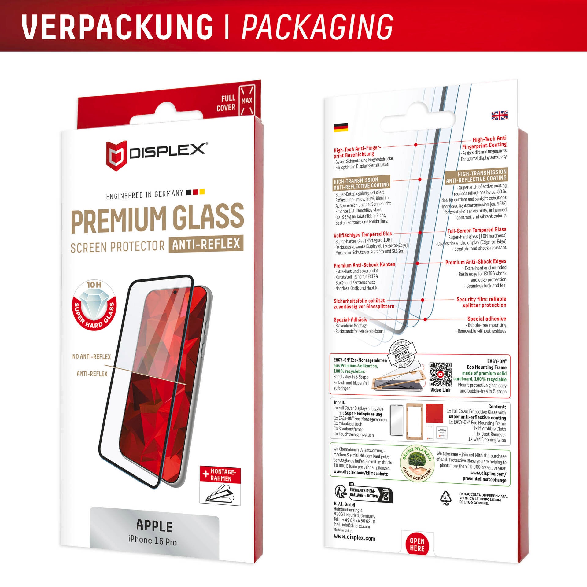 Displex Displayschutzglas »Premium Glass Full Cover Anti-Reflex«, für Apple iPhone 16 Pro, (1 St.), Displayschutzfolie, Schutzfolie, Bildschirmschutz, kratz- & stossfest
