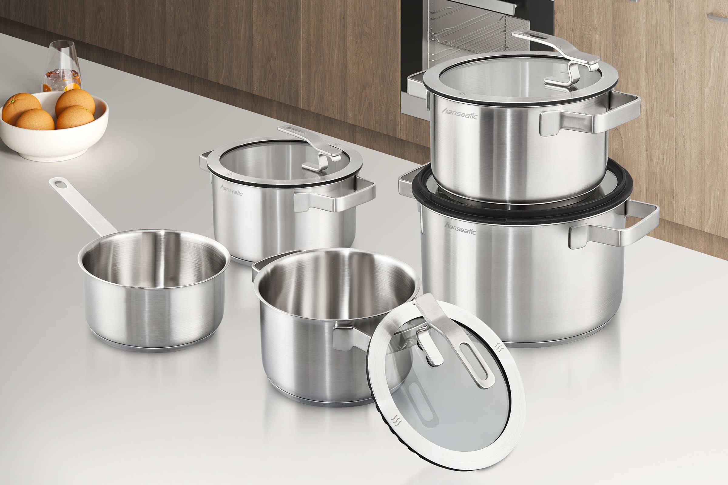 Hanseatic Topf-Set »STYLE«, Edelstahl 18/10, (Set, 9 tlg., Fleischtopf 1x 16 cm / 2x 20 cm / 1x 24 cm, Stielkasserolle 16 cm), Deckel mit praktischer Aufhänge-Funktion, Induktion