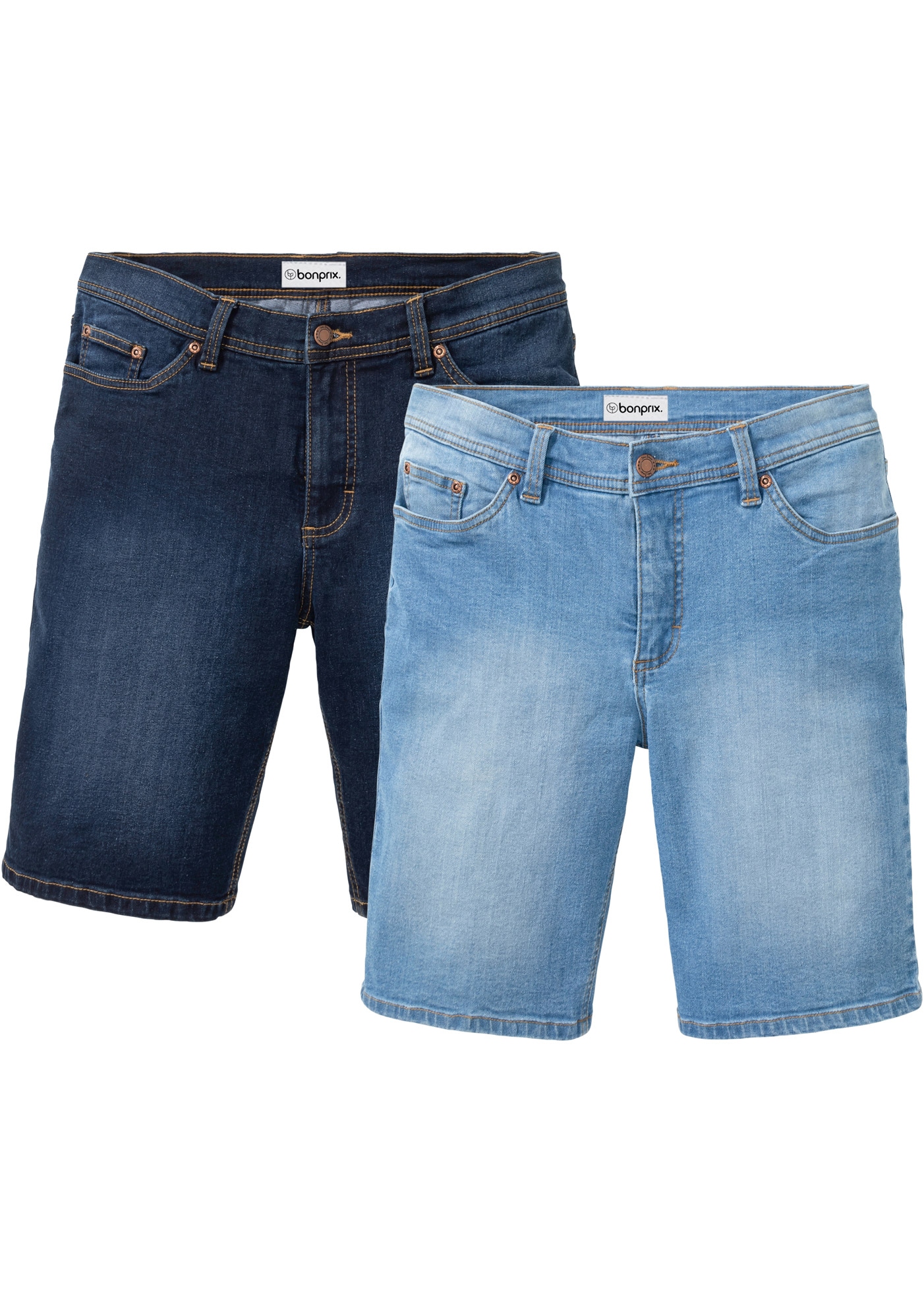 Image of bonprix Jeansbermudas Packung, 2er, 2 mit Elasthan-Anteil, im Straight Fit, mit Used-Effekten, 5-Pocket-Form