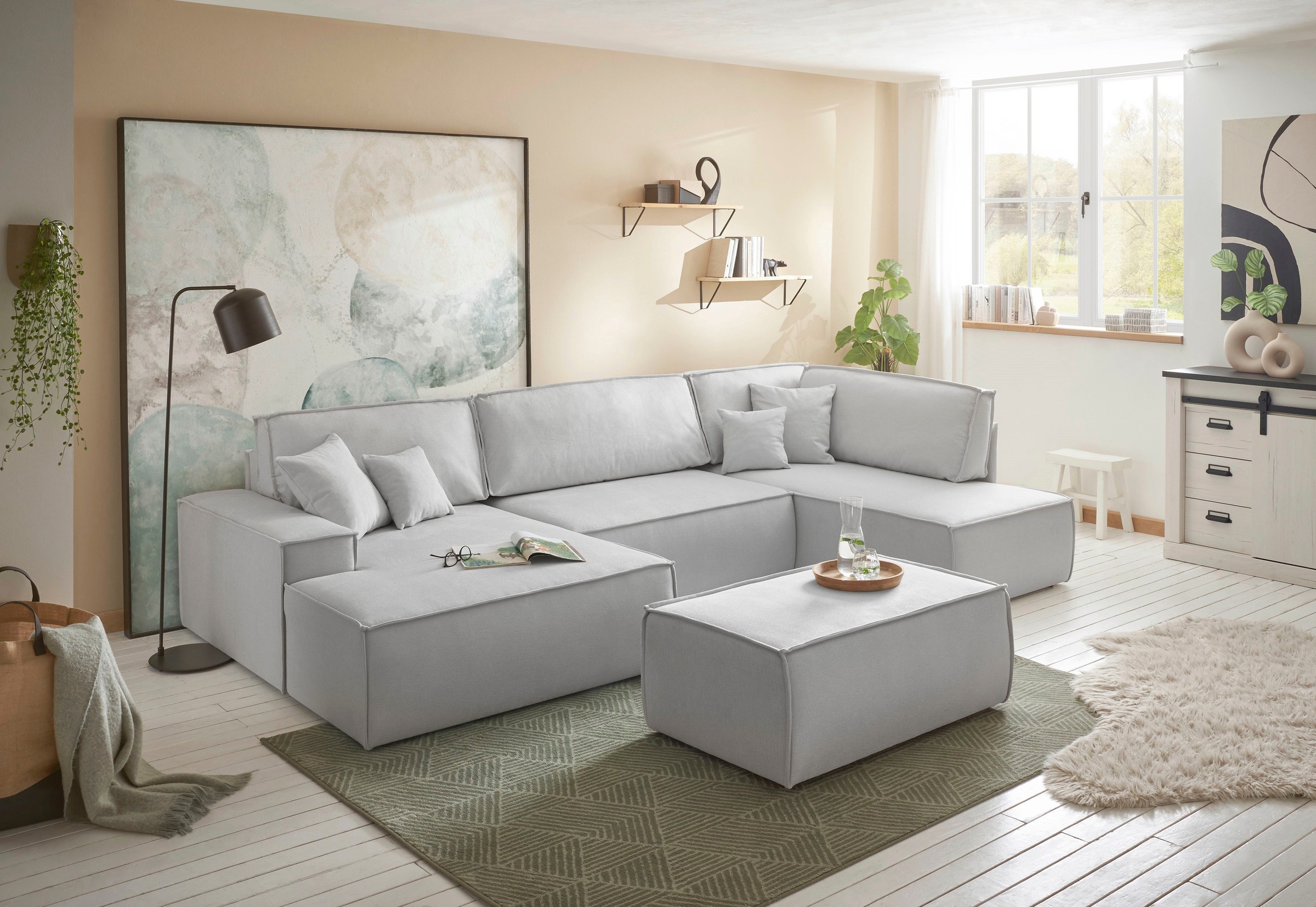 andas Wohnlandschaft »FINNLEY U-Form XXL 329 cm, Schlafsofa, Schlaffunktion m. Bettkasten«, (194/139 cm), Bouclé, Struktur und Cord