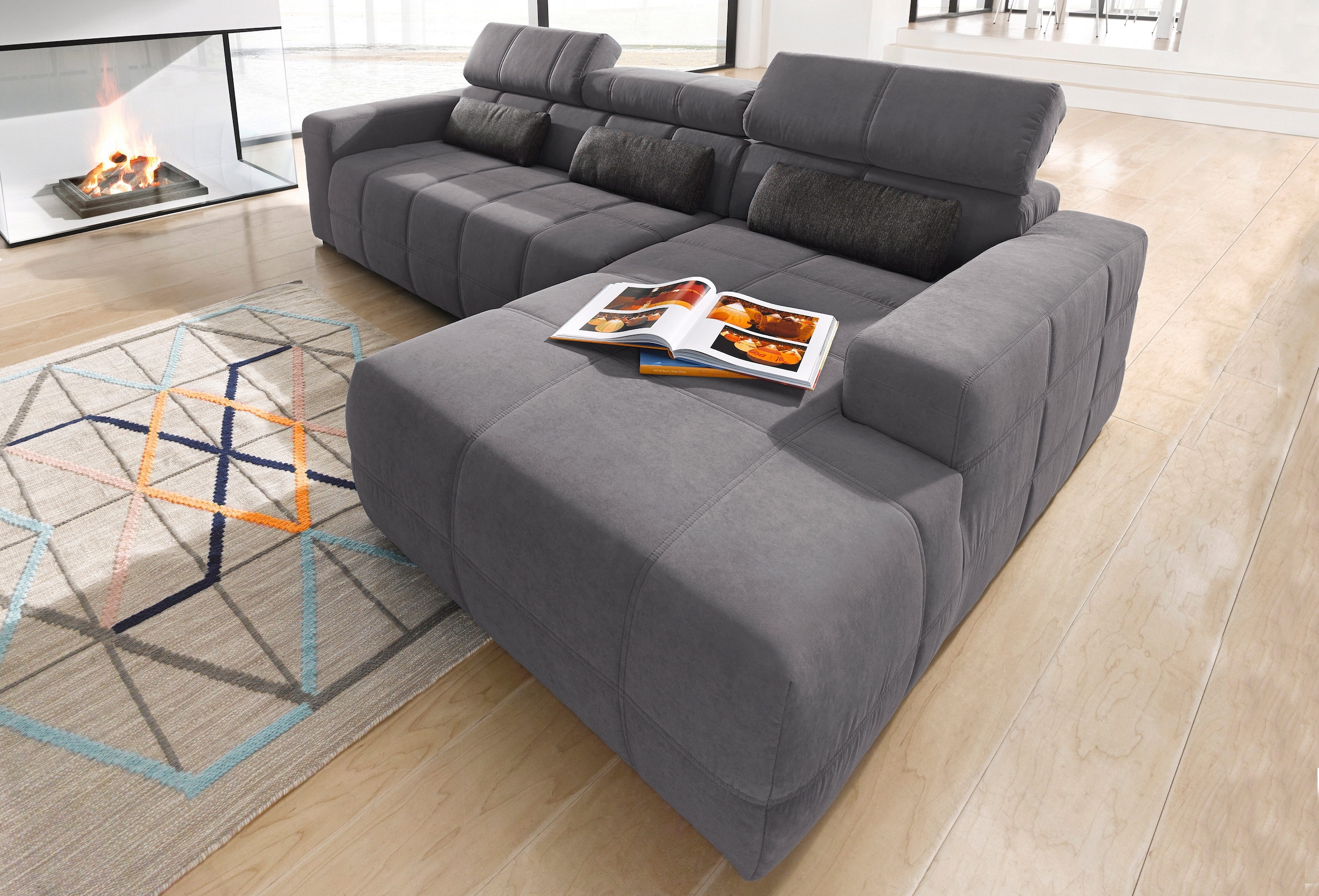 Image of DOMO collection Ecksofa "BRANDON 289x177x80 cm, whlw. mit Sitztiefenverstellung, L-Form" ohne Sitztiefenverstellung, Luxus-Microfaser, dunkelgrau
