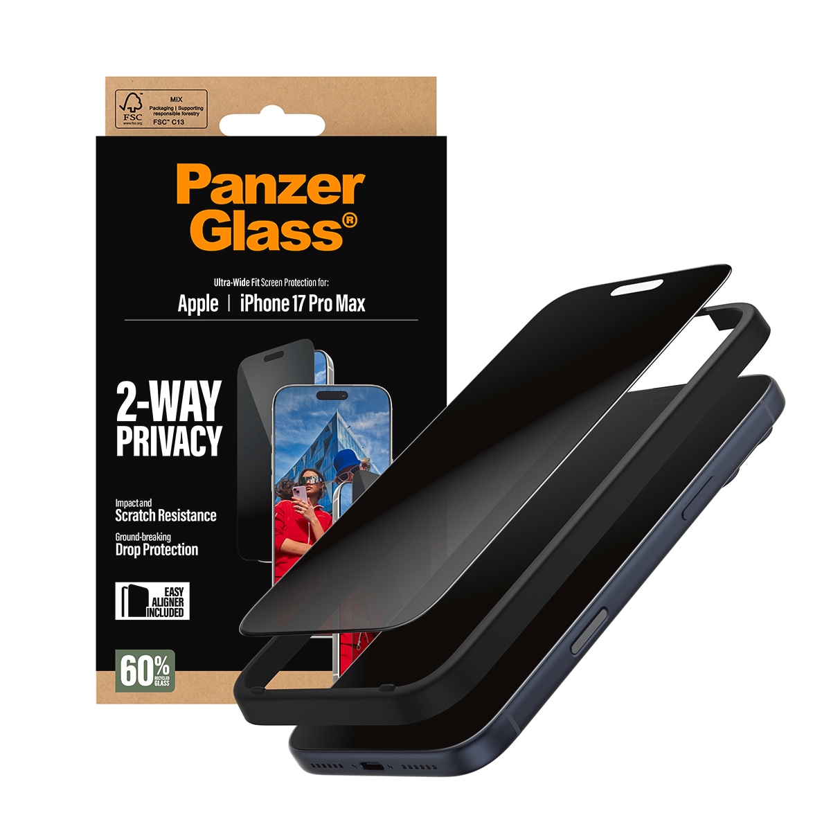 CARE by PanzerGlass Verre de protection d'écran »2-Way Privacy Ultra-Wide Fit Screen Protector« für Apple iPhone 17 Pro Max Displayschutzfolie, Schutzfolie, Bildschirmschutz, kratz- & stossfest