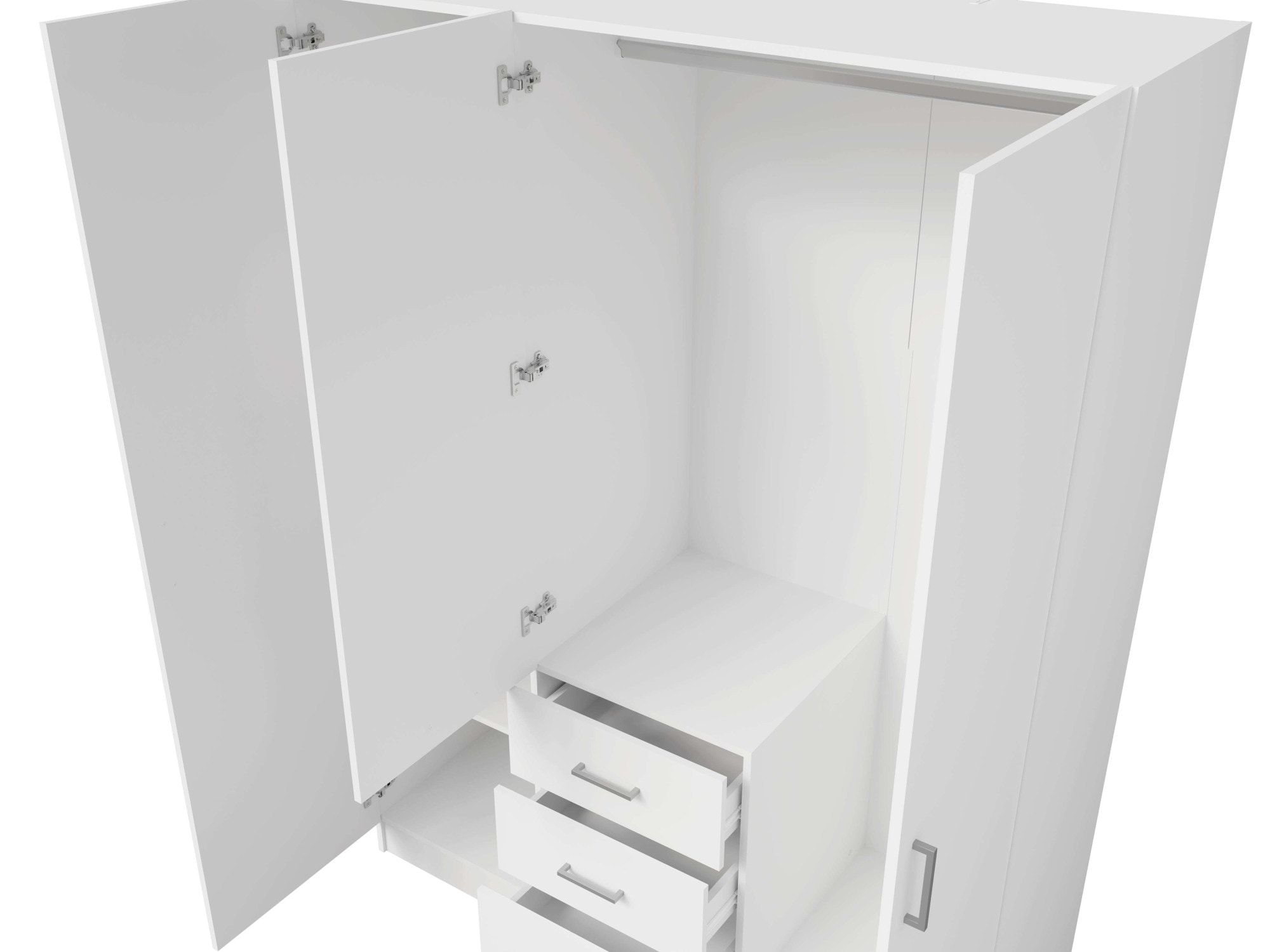Home affaire Kleiderschrank »KOS Garderobe mit 3 Schubladen, Kleiderstange, 4 Einlegeböden, Spiegel«, Wäscheschrank mit 3 Drehtüren, silberfarben Griffen, Masse B/H/T 150/200/58cm