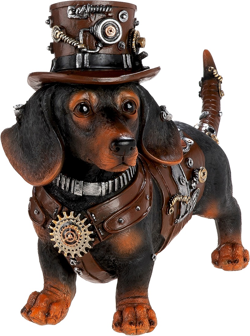 GILDE Skulptur »Figur Dackel Steampunk Dachshund« Dackel Hundeskulptur Steampunk-Stil Zahnräder Hut Fantasiefigur