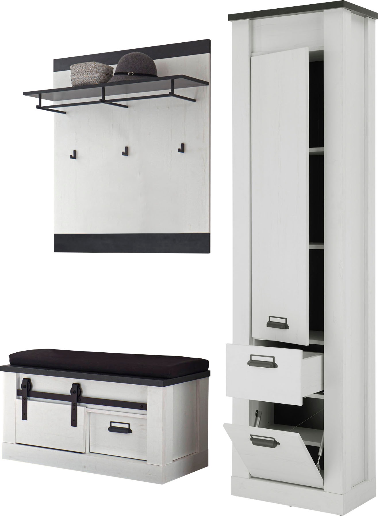 Image of Premium collection by Home affaire Garderoben-Set »SHERWOOD«, (3 St.), in modernem Holz Dekor, mit Scheunentorbeschlag und Apothekergriffen aus Metall, Breite ca. 164 cm bei Ackermann Versand Schweiz