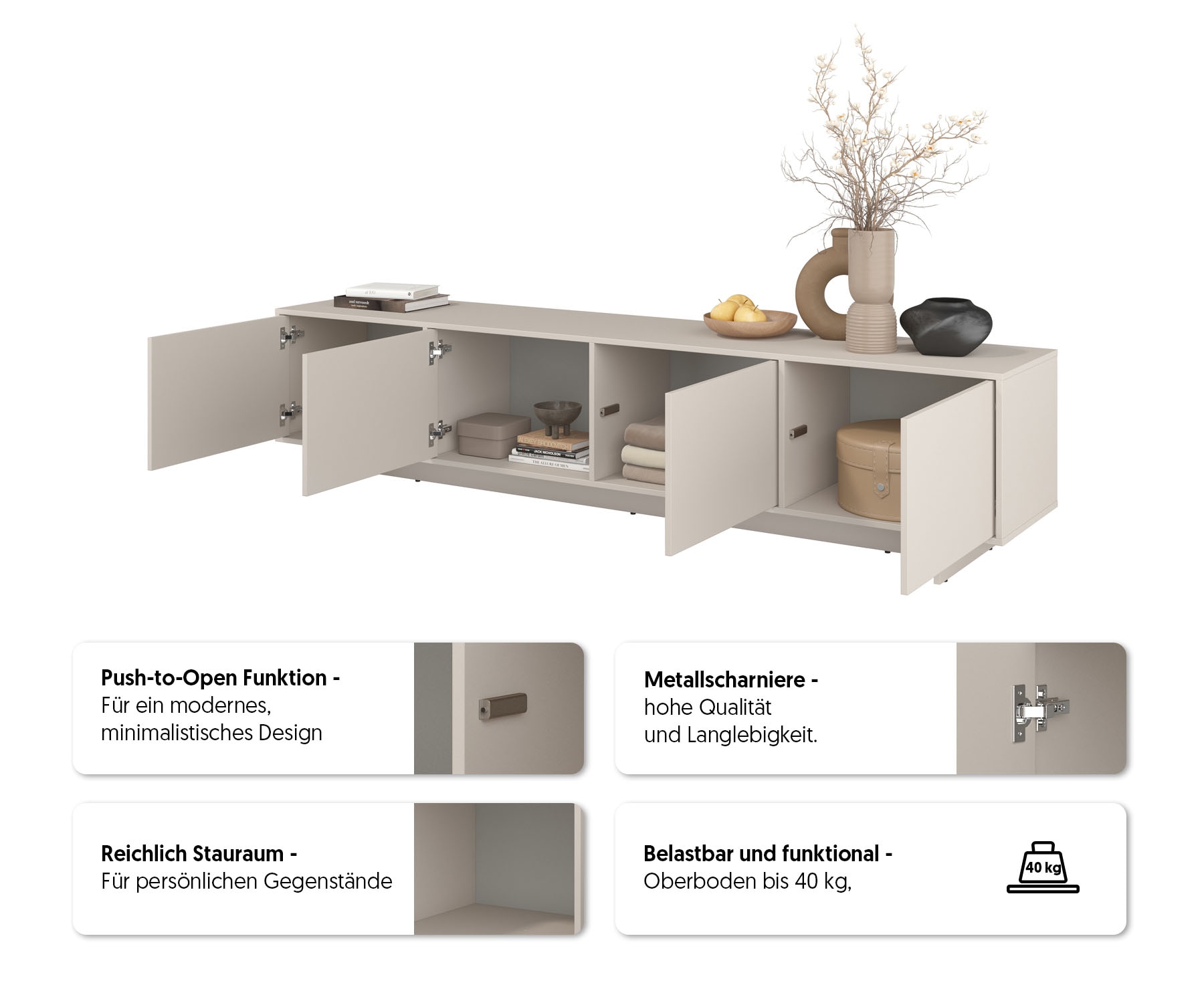 GOODproduct Table basse »Tatami, Modernes griffloses TV-Board, Breit 220,50cm, TV-Schrank« meuble TV, meuble TV avec beaucoup de rangement, fonction push-to-open
