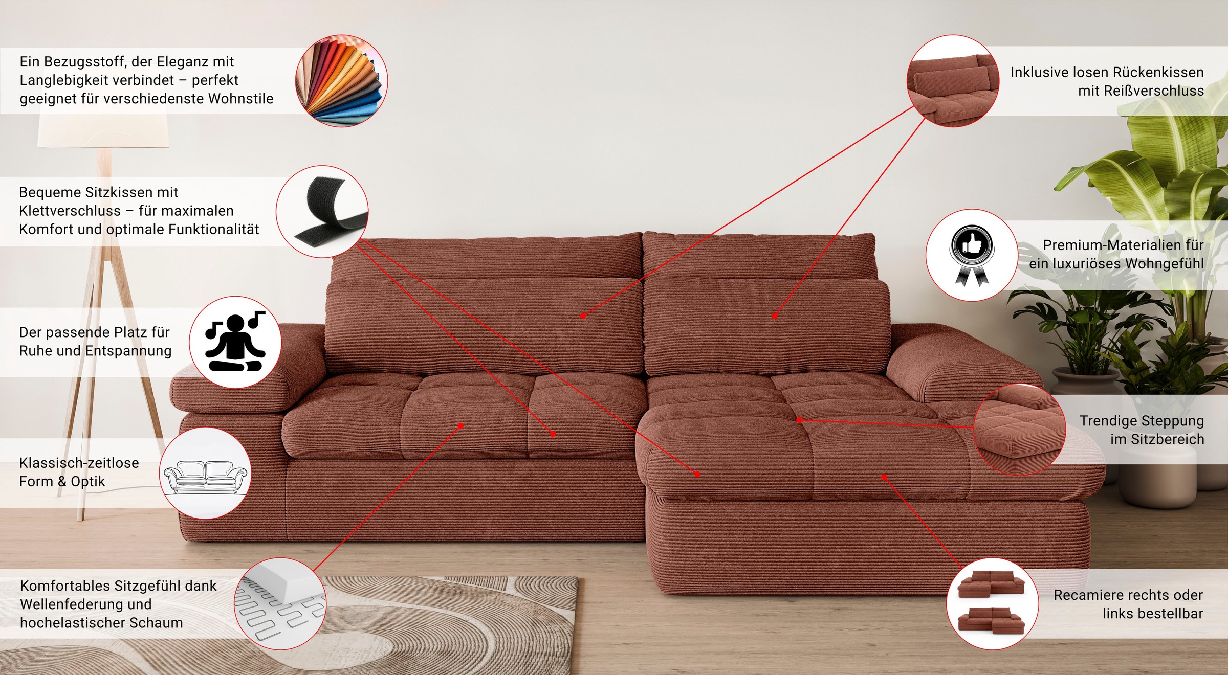 Home affaire Ecksofa »ALVERIE mit Recamiere, moderne Steppung, Masse: B/T/H 274/203/106 cm«, L-Form mit Wellenunterfederung, mit 4 Rückenkissen, pflegeleicht Stoff