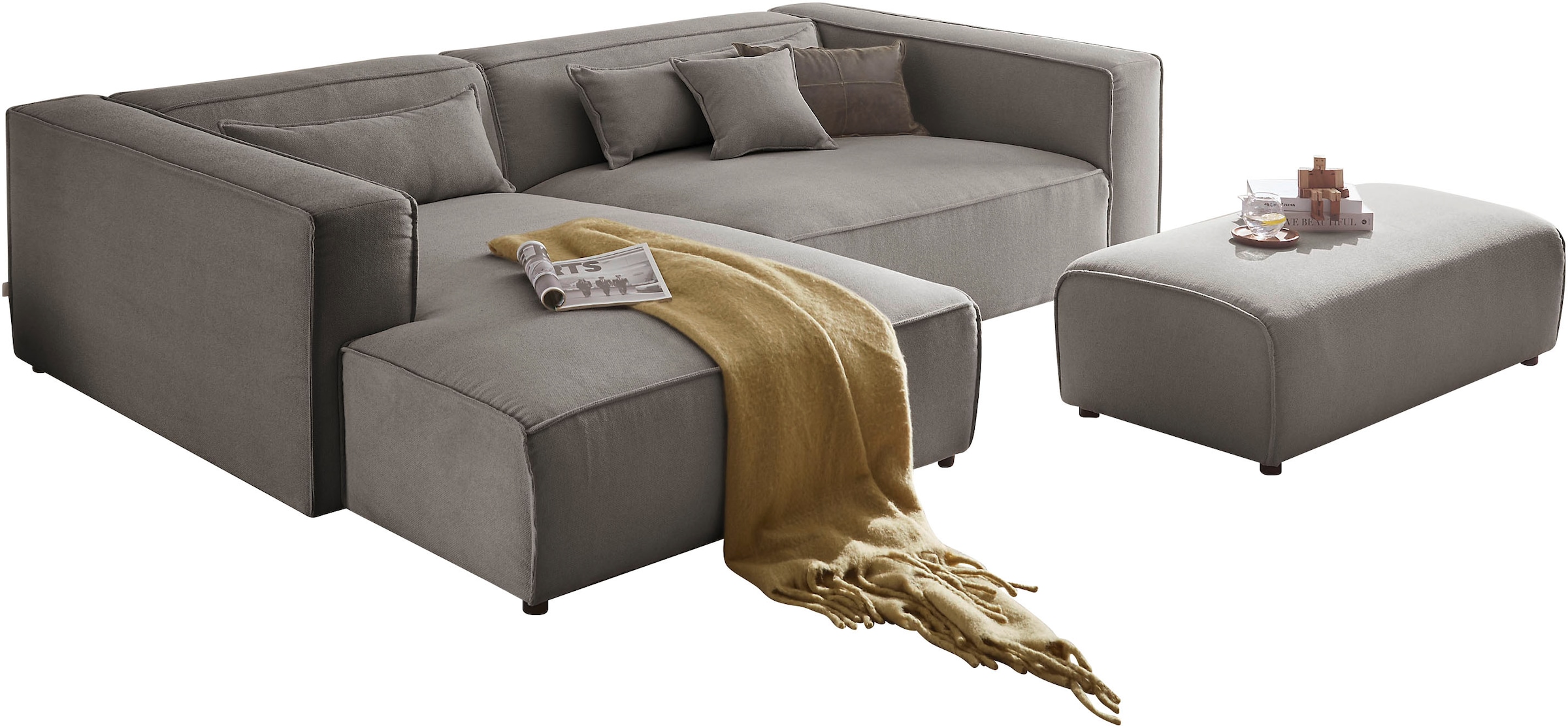Image of LeGer Home by Lena Gercke Ecksofa "PIARA XXL Struktur u. Leinenoptik, L-Form, Schlaffunktion" Hocker stellbar zum Schlafsofa (Krokodilverbinder), tiefe Sitzfläche