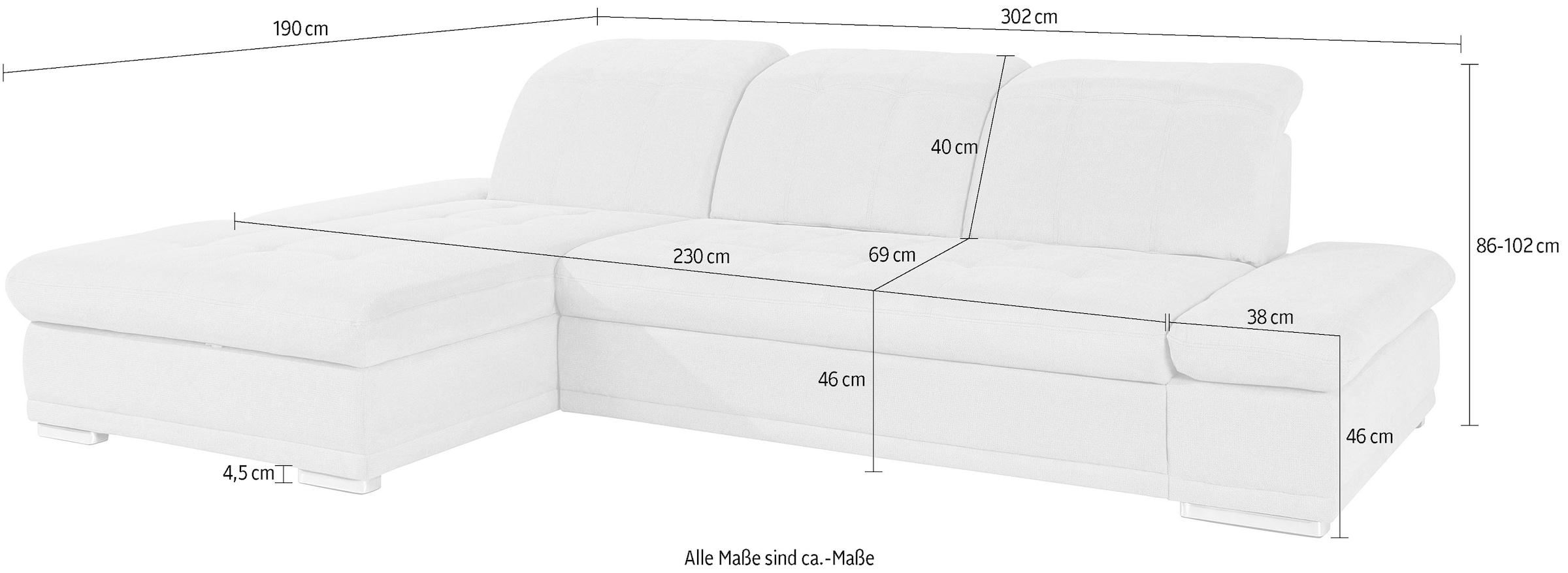 COTTA Ecksofa »Holiday L-Form«, Sitztiefenverstellung, wahlweise mit Bettfunktion inkl. Bettkasten