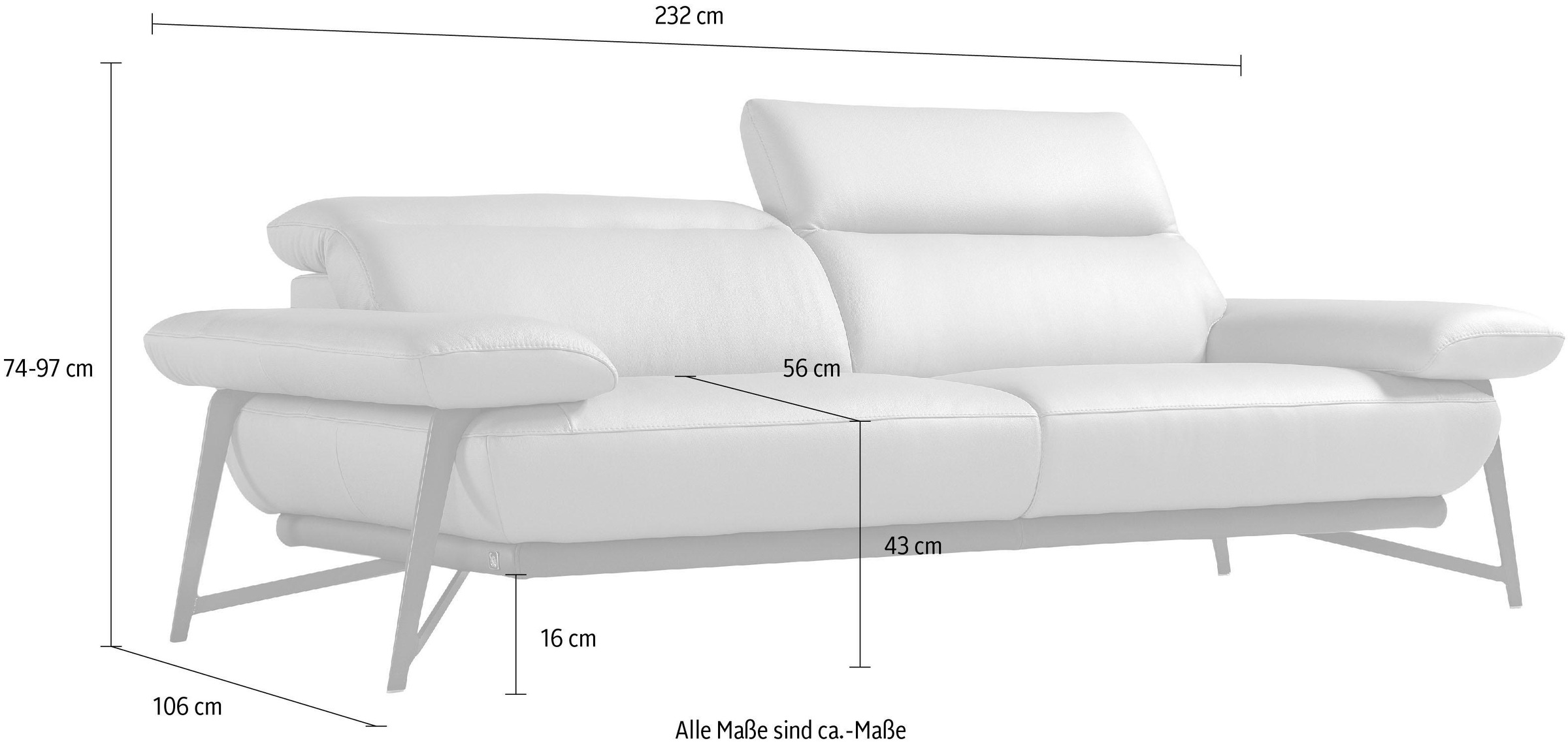 Egoitaliano 2,5-places »Anais, Designsofa mit erstklassigem Sitzkomfort, Fussfarbe chrom« tête de lit réglable, 232 cm, cuir CAREZZA, bleu ciel