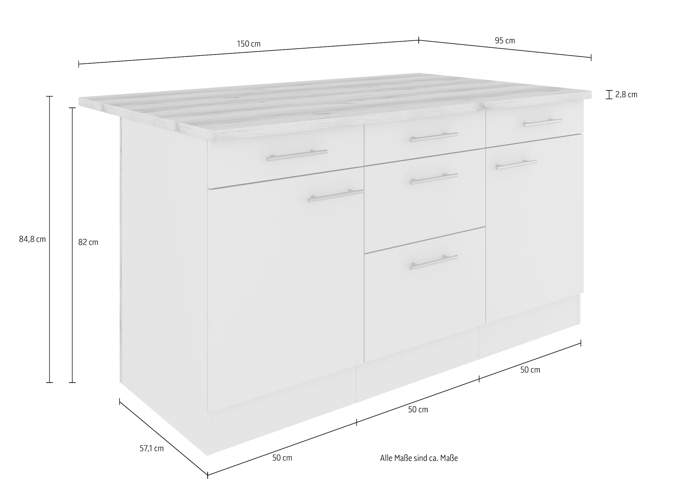 OPTIFIT Kücheninsel »Optifit« Breite 150 cm, 2 Türen, 3 Schubkästen, 2 Auszüge