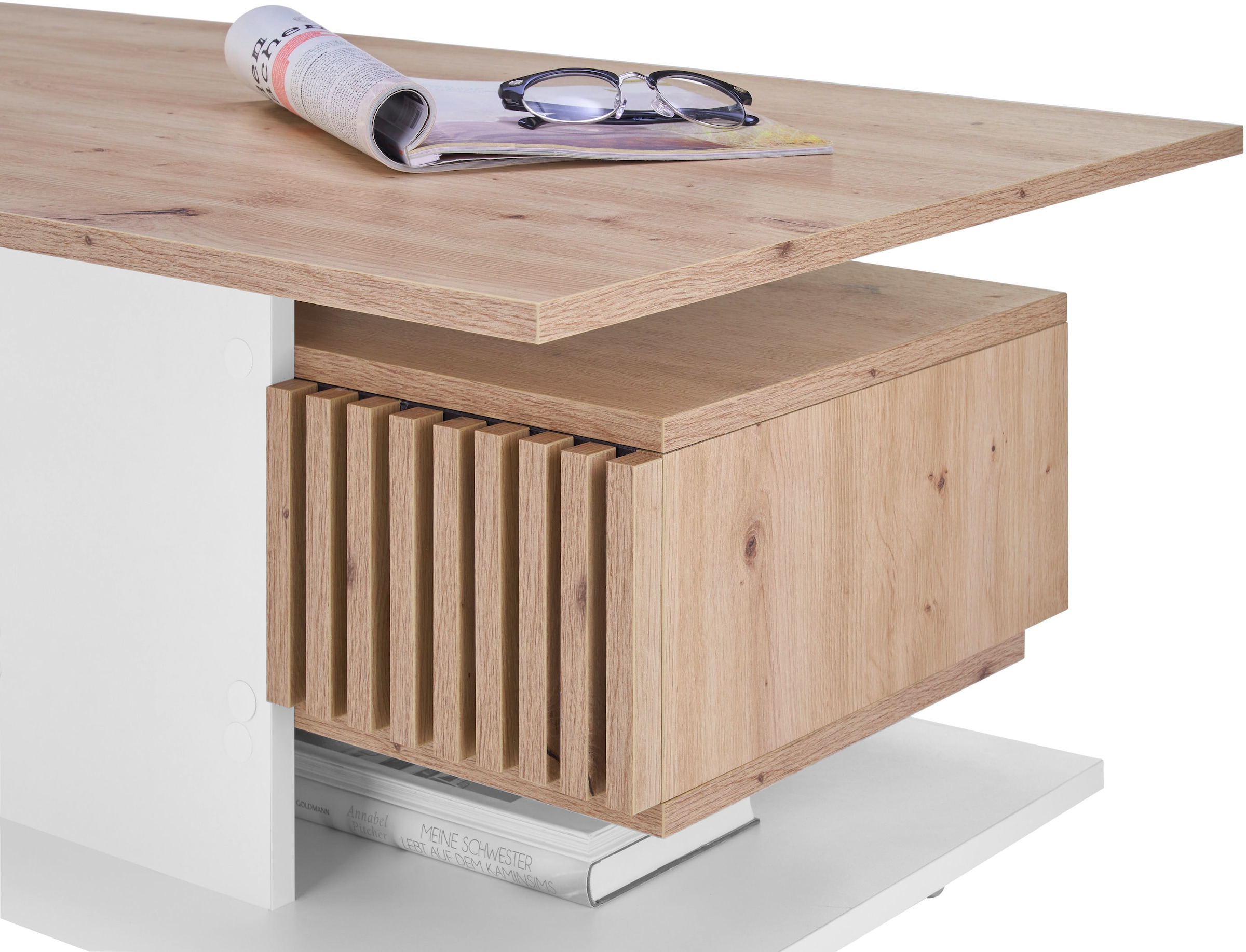 Stolkom Couchtisch »Ally Wohnzimmertisch rollbar Weiss, Artisan Dekor, BxHxT 110x44,5x60 cm«, Schubladenfront mit Lamellen-Optik, Couchtisch rollbar