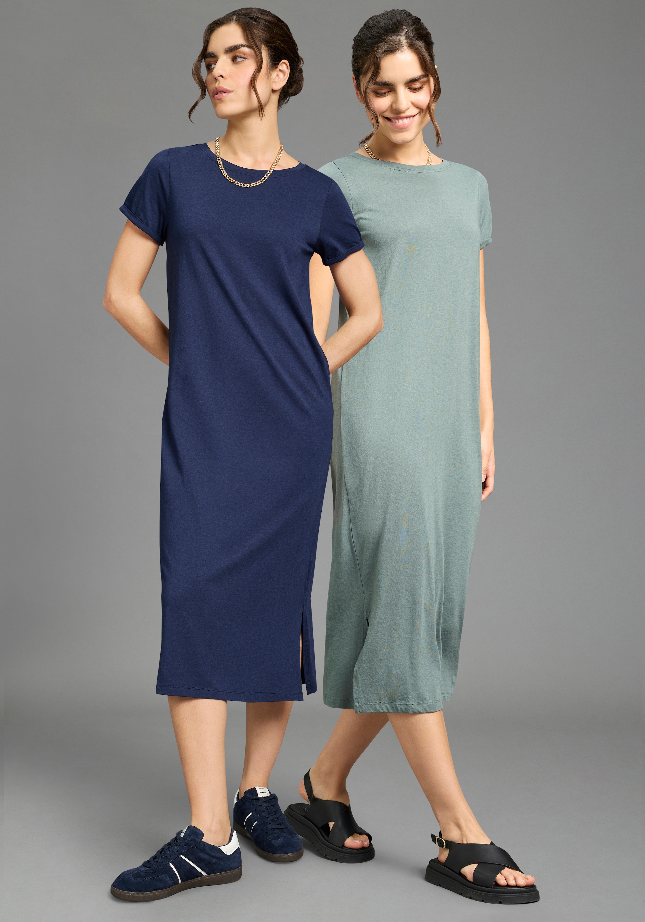Image of Flashlights Shirtkleid 2er-Pack, aus Single Jersey, bequeme Passform, mit Seitenschlitzen, wadenlang