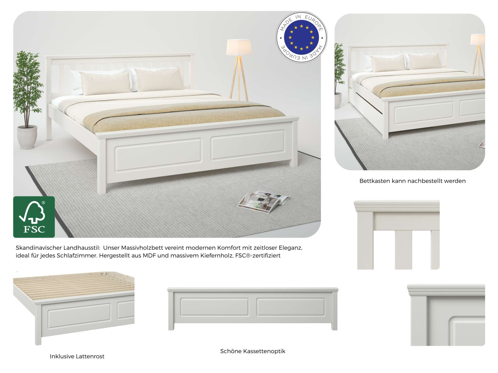 Home affaire Bett »Fredegard«, teilmassiv, inklusive Lattenrost, Kassettenoptik, in 2 Breiten