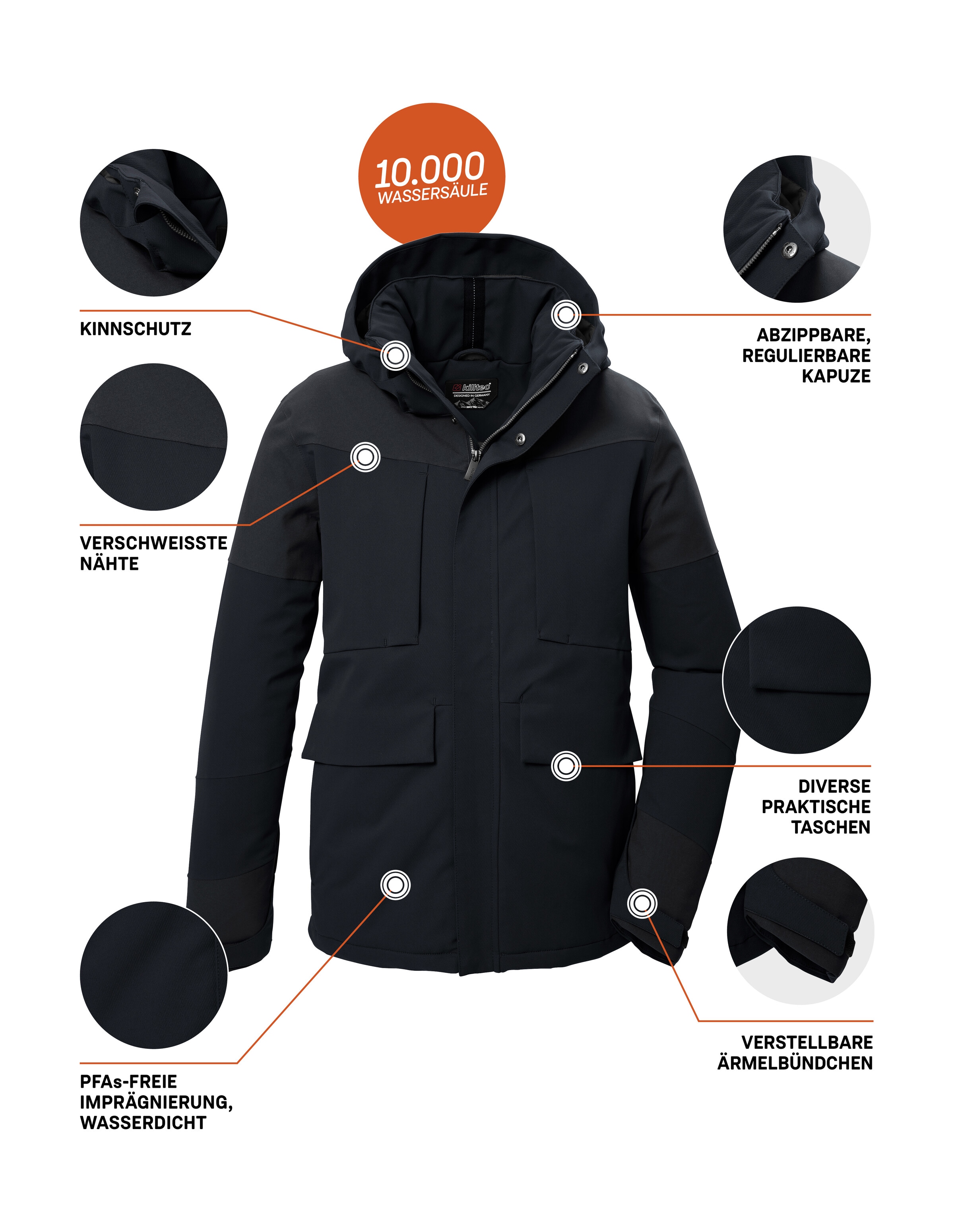 Killtec Funktionsjacke »KOW 81 MN JCKT«, Wasserdichte Herrenjacke mit abnehmbarer Kapuze und vielen Taschen