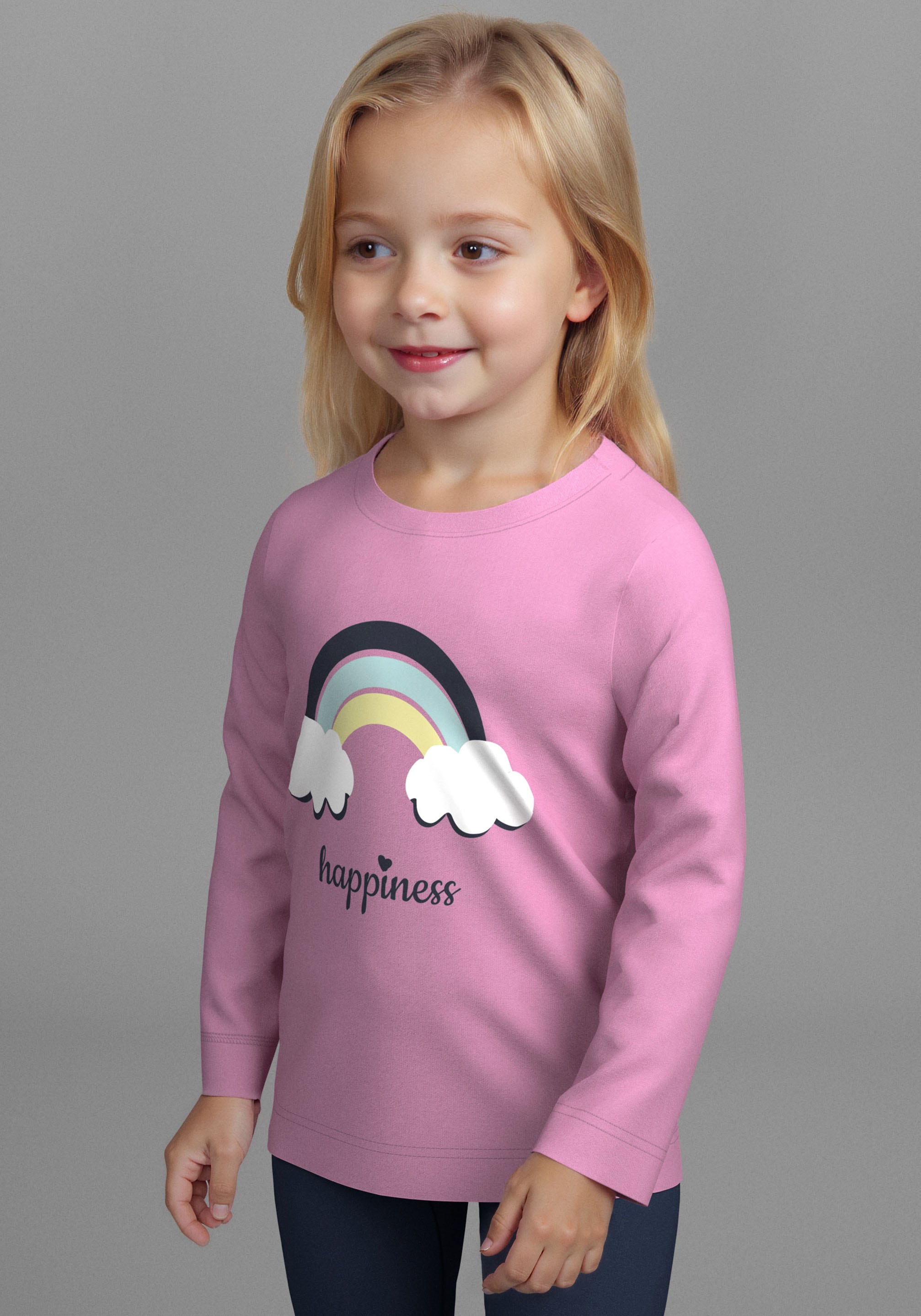 Image of KIDSWORLD Langarmshirt "2er Pack 1x uni + 1x geringelt Langarmshirts" 2 Stk. 2er Pack Shirts mit Regenbogen und Ringel