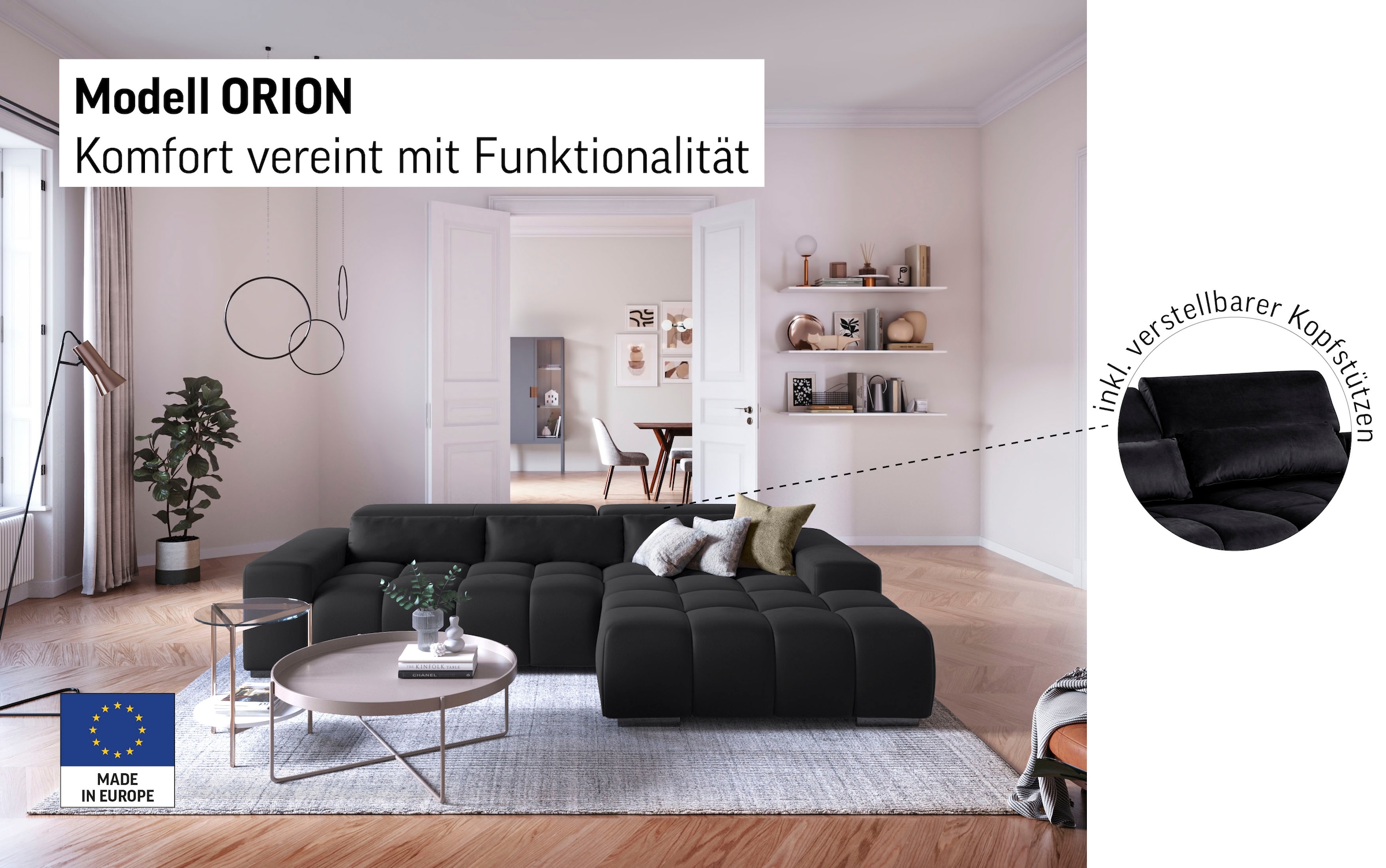 COTTA Canapé d'angle »Orion L-Form« mit 2x Kopfteilverstellung & 3 Nierenkissen