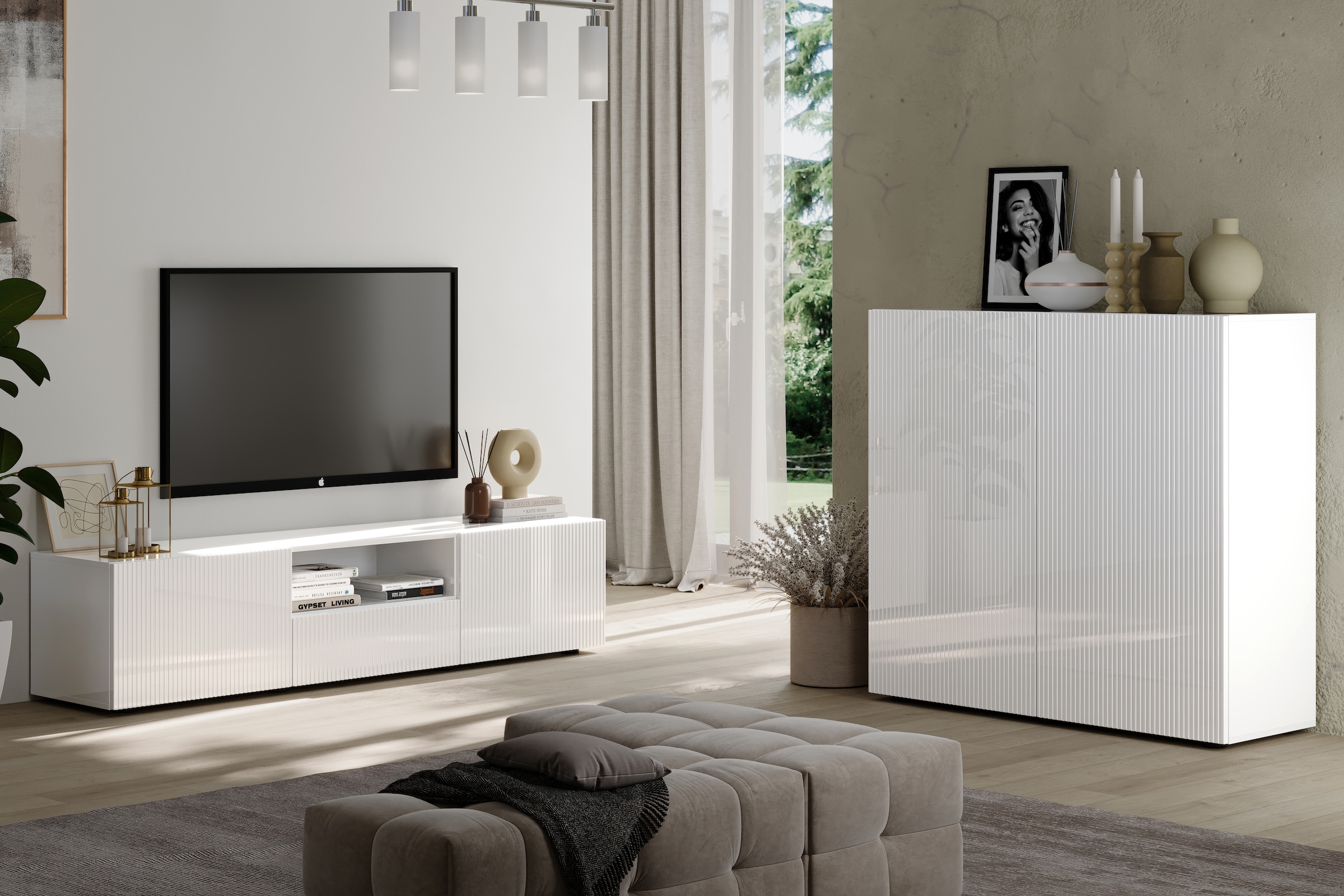 Home affaire Table basse »Rio Breite 181 cm, TV-Board 2 Türen u. 1 Schubkasten, TV-Schrank« Façades MDF rainurées, modernes et élégantes, gestion des câbles, beaucoup de rangement