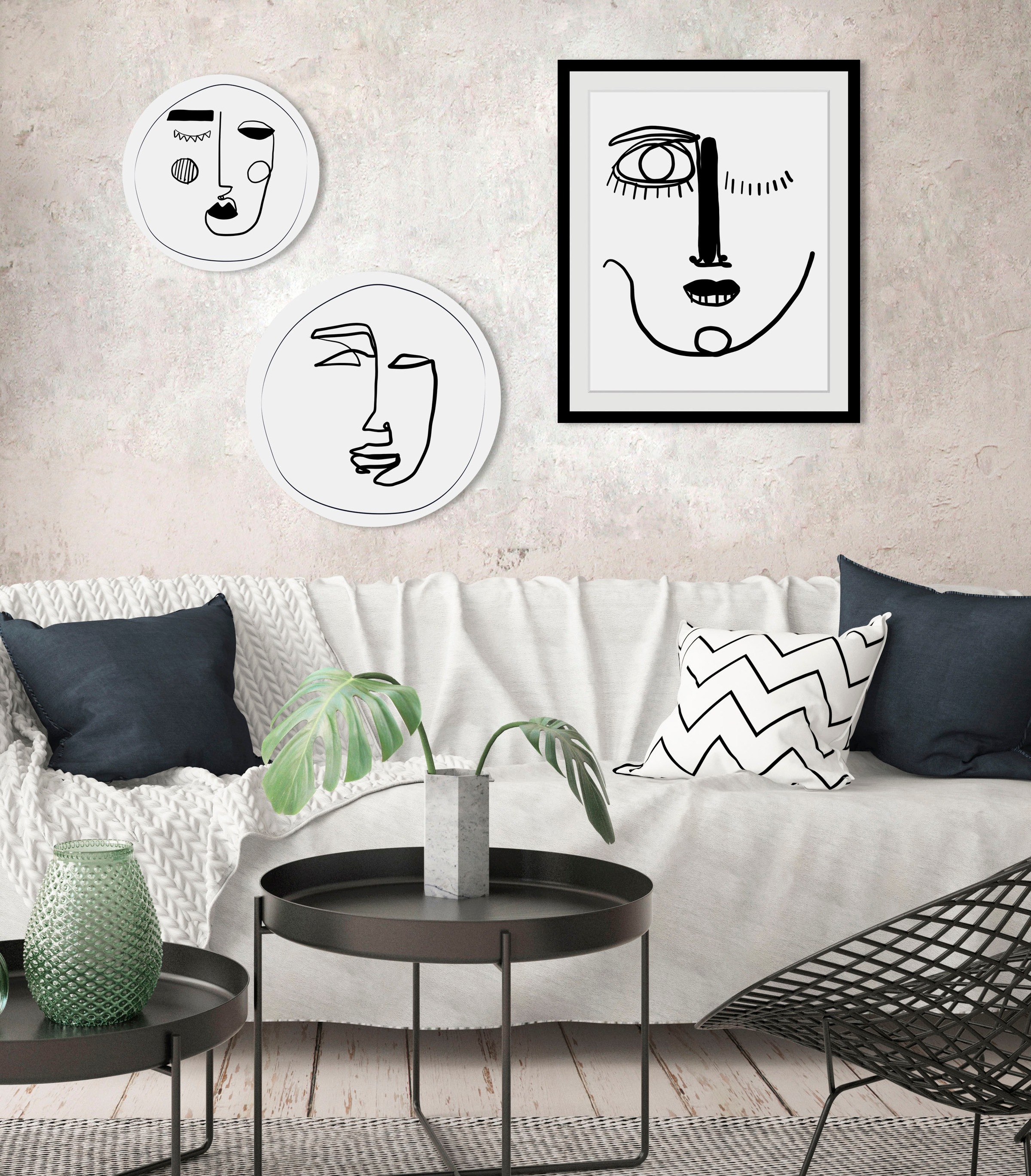 Image of queence Bild "Elisabeth" Abstrakt Gesicht Kunst Schwarz-Weiss 1 Stk. tlg. HD Premium Poster-Druck inkl. Holzrahmen