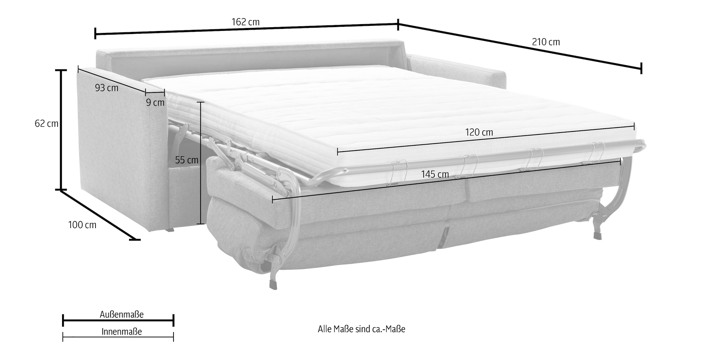 Places of Style Schlafsofa »Goldfarbenpoint 162 cm, Dauerschläfer, Liegefläche 120/200cm,«, 2-Sitzer mit Bettfunktion, Bonell-Federkernmatratze